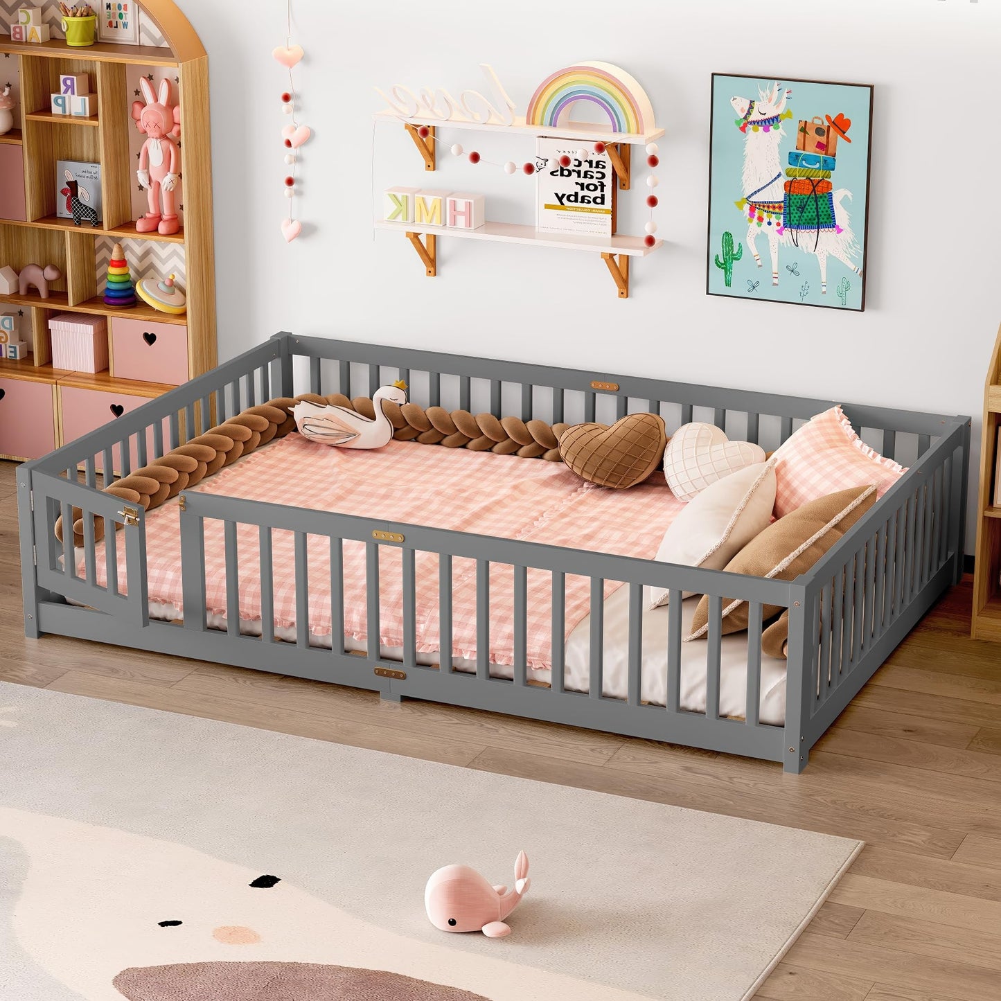 Bellemave Full Size Floor Bed with Slats and Safety Guardrail, Full Size Montessori Floor Bed with Fence and Door, Easy Assemble Montessori Beds for Kids, Girls, Boys, White