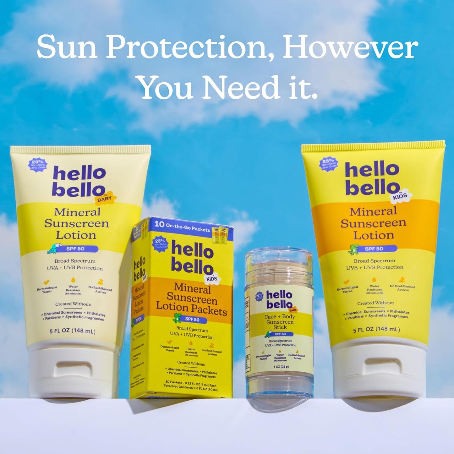 Hello Bello Mineral SPF 55 Sunscreen Lotion with Prebiotics, Water Resistant and Reef Friendly Sun Protection for Babies and Kids, 3 fl oz (Pack of 1)