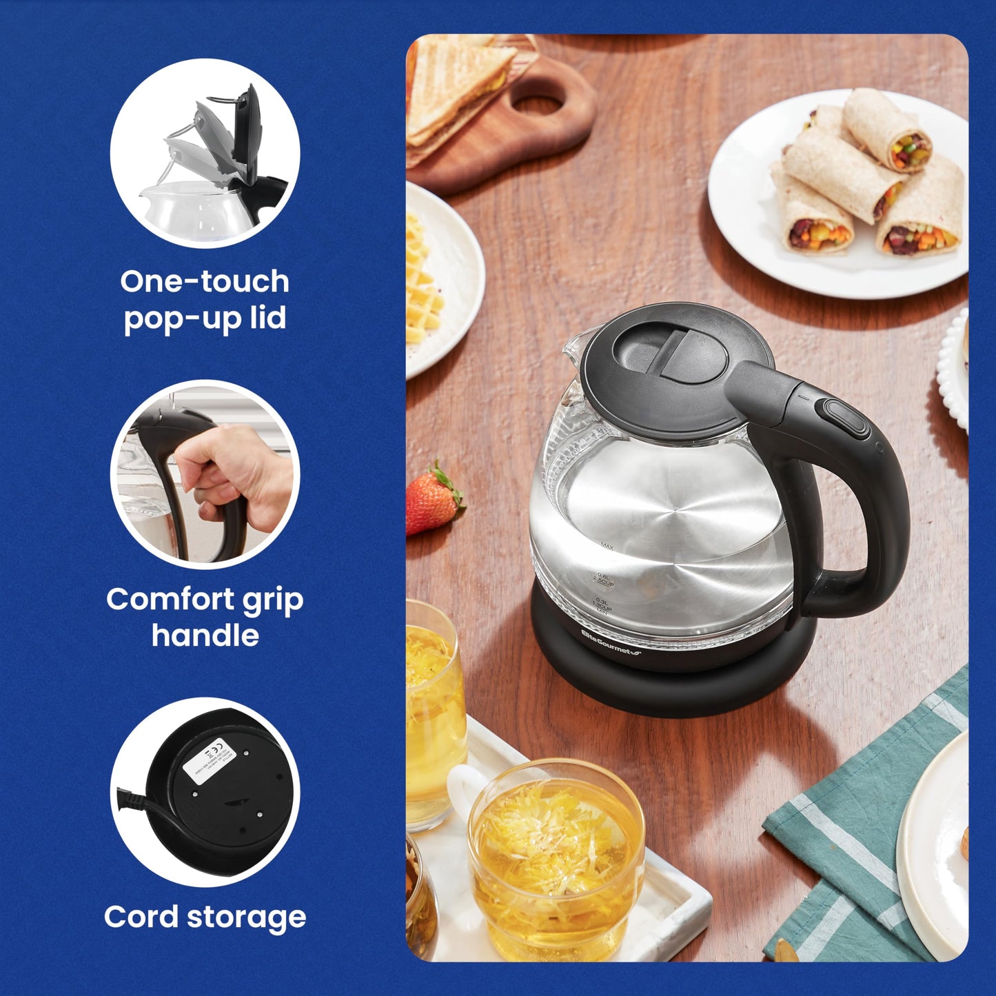 Elite Gourmet 1.7L Dual Wall Cool Touch Electric Tea Kettle, Borosilicate Glass, 304 Stainless Steel Interior, Programmed Digital Touchscreen, Keep Warm, Auto Off & Audible Indicator, Black