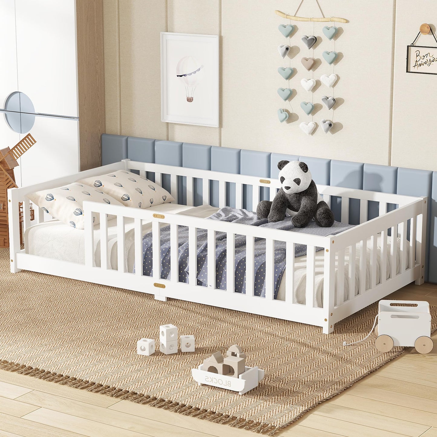 Bellemave Full Size Floor Bed with Slats and Safety Guardrail, Full Size Montessori Floor Bed with Fence and Door, Easy Assemble Montessori Beds for Kids, Girls, Boys, White