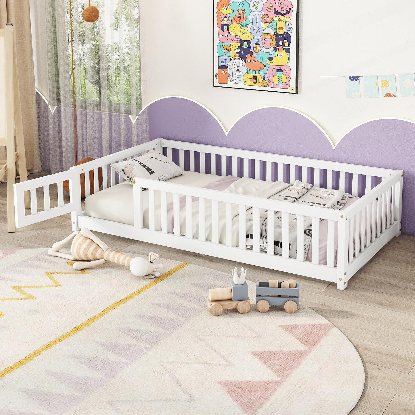 Bellemave Full Size Floor Bed with Slats and Safety Guardrail, Full Size Montessori Floor Bed with Fence and Door, Easy Assemble Montessori Beds for Kids, Girls, Boys, White