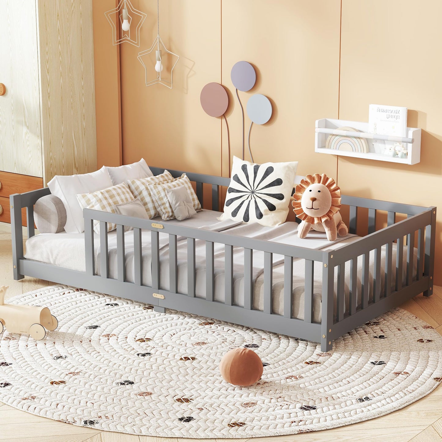 Bellemave Full Size Floor Bed with Slats and Safety Guardrail, Full Size Montessori Floor Bed with Fence and Door, Easy Assemble Montessori Beds for Kids, Girls, Boys, White