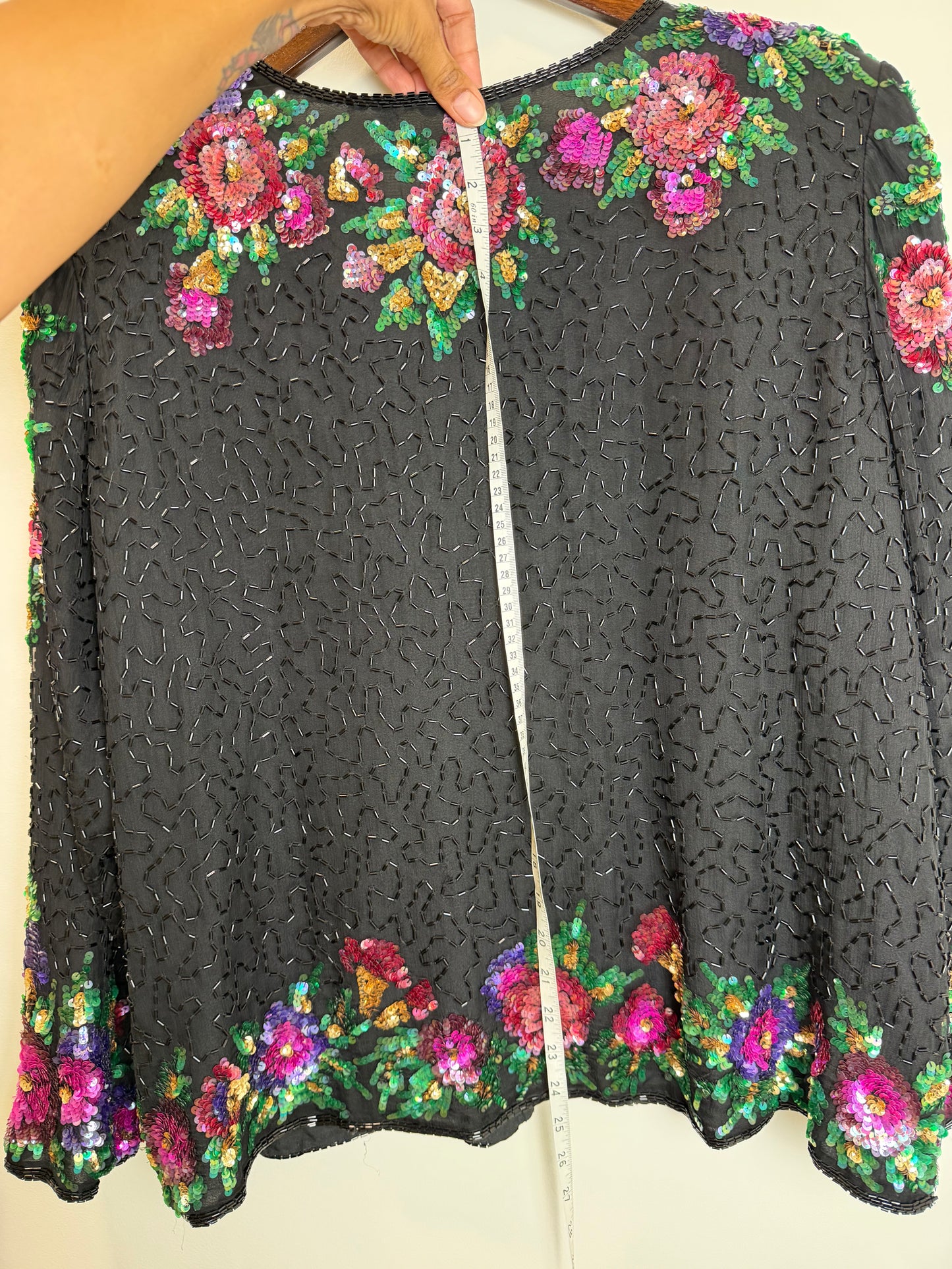 Vintage Floral Sequin Beaded Hook & Eye Jacket Black Evening Party 3X
