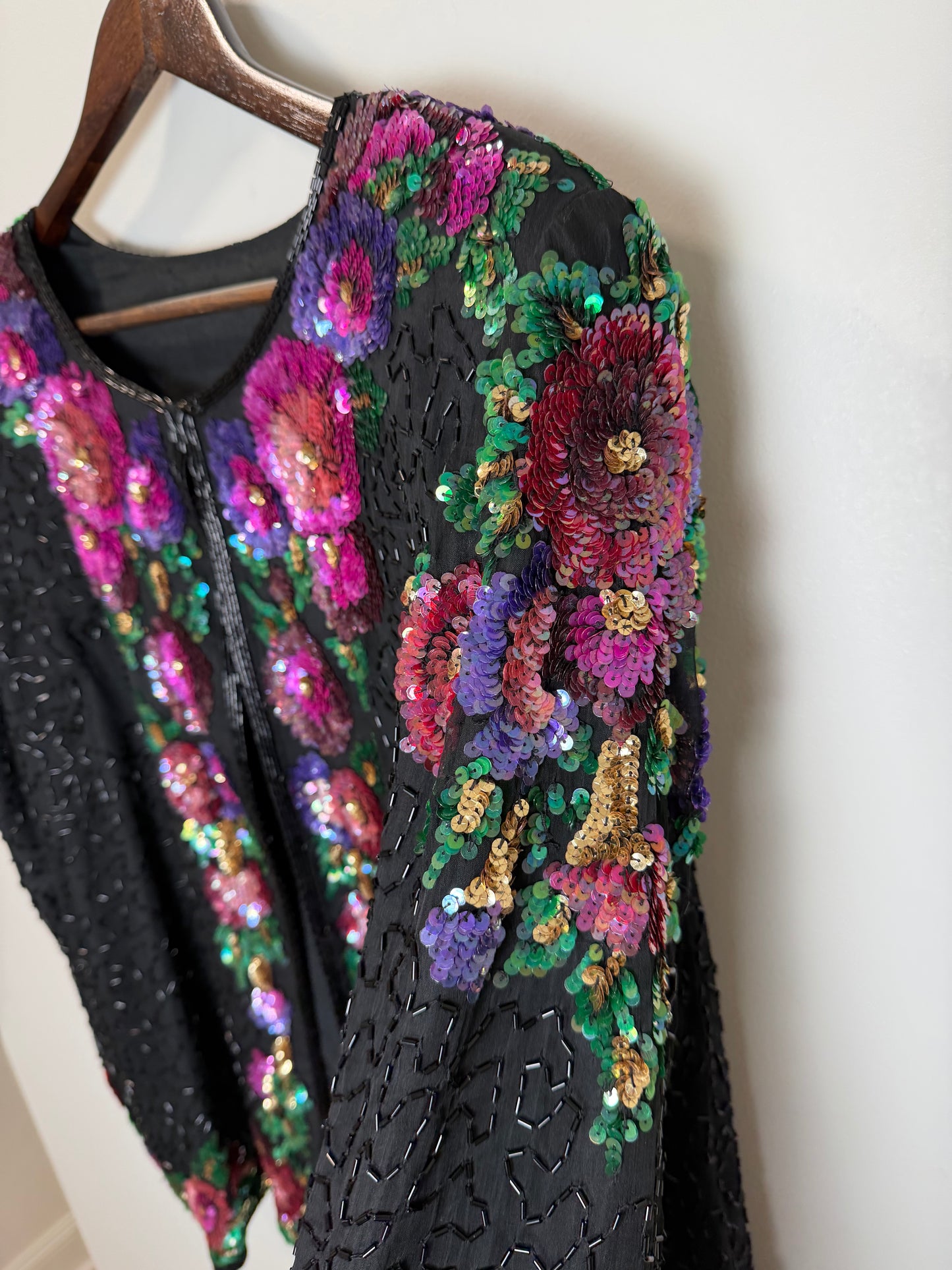 Vintage Floral Sequin Beaded Hook & Eye Jacket Black Evening Party 3X