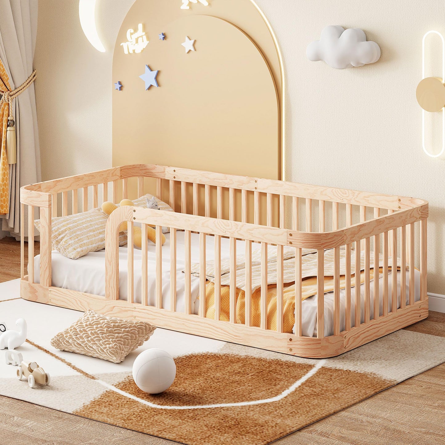 Bellemave Full Size Floor Bed with Slats and Safety Guardrail, Full Size Montessori Floor Bed with Fence and Door, Easy Assemble Montessori Beds for Kids, Girls, Boys, White