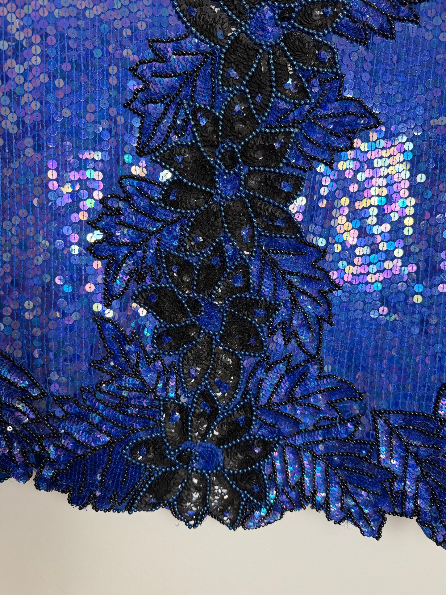Vintage Stenay Silk Blue Sequin Beaded Floral Evening Top Blouse 2X