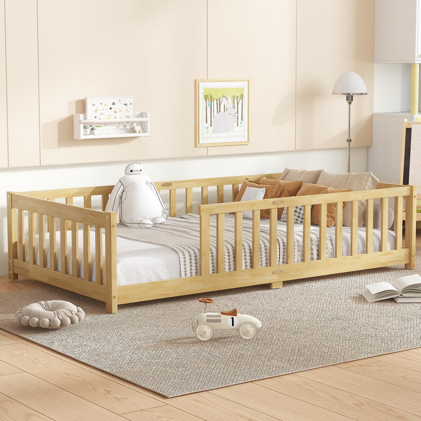 Bellemave Full Size Floor Bed with Slats and Safety Guardrail, Full Size Montessori Floor Bed with Fence and Door, Easy Assemble Montessori Beds for Kids, Girls, Boys, White