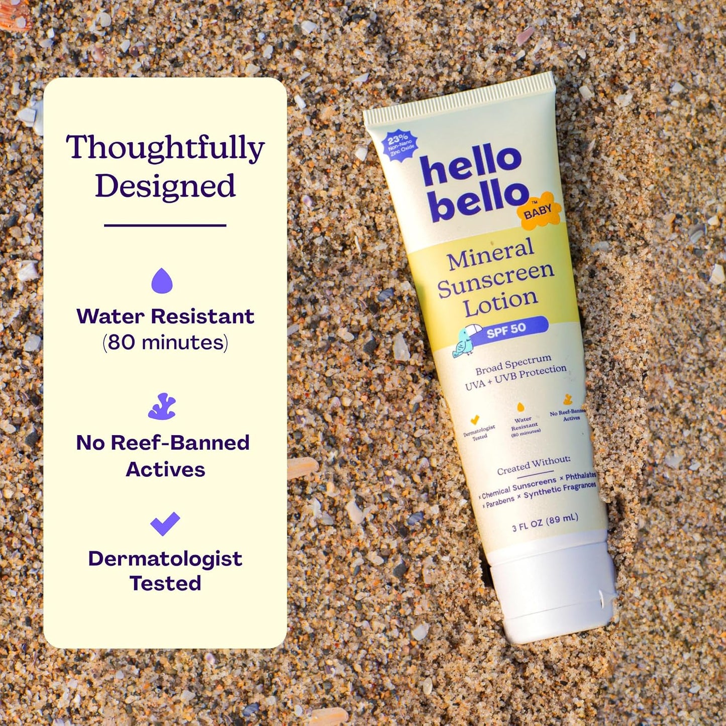 Hello Bello Mineral SPF 55 Sunscreen Lotion with Prebiotics, Water Resistant and Reef Friendly Sun Protection for Babies and Kids, 3 fl oz (Pack of 1)