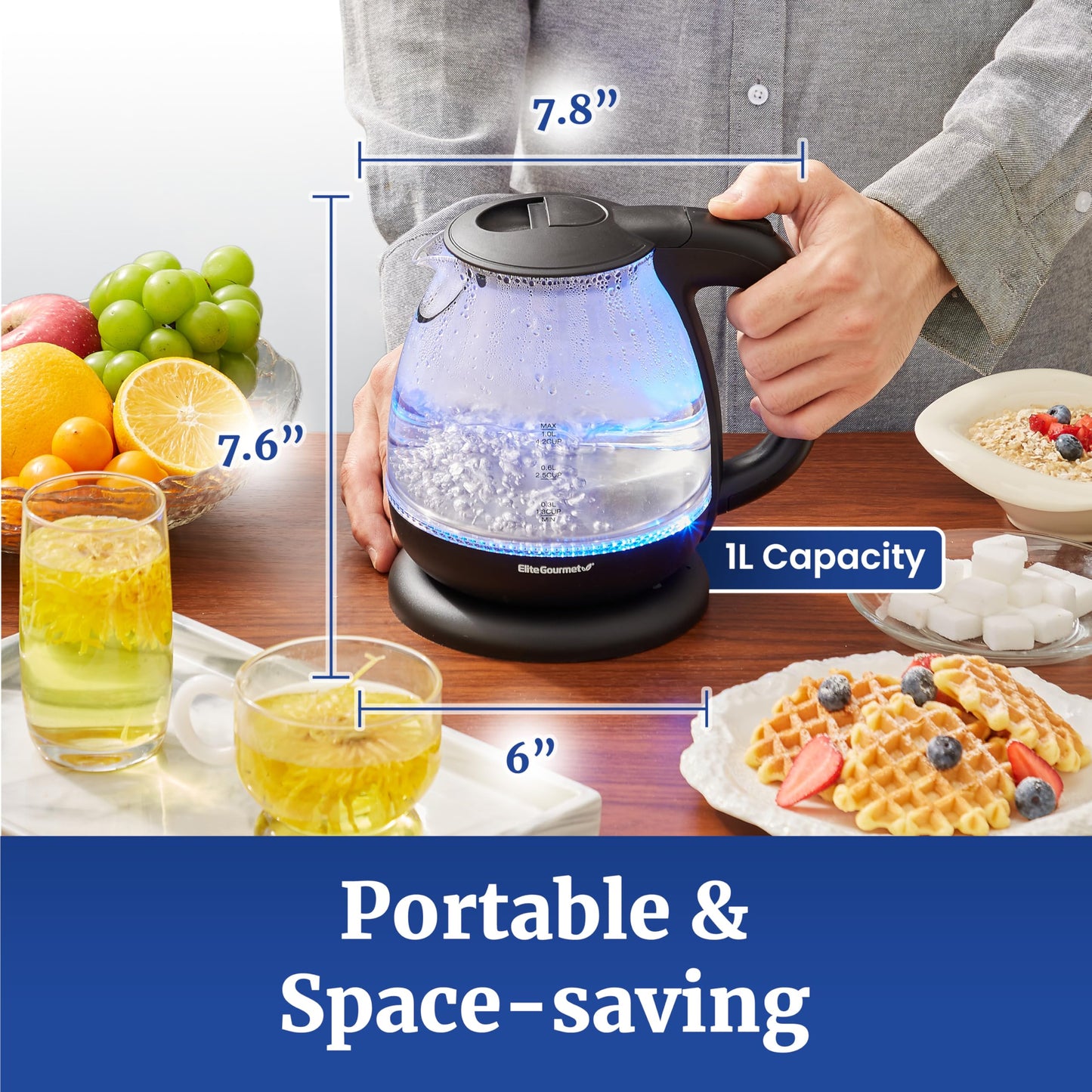 Elite Gourmet 1.7L Dual Wall Cool Touch Electric Tea Kettle, Borosilicate Glass, 304 Stainless Steel Interior, Programmed Digital Touchscreen, Keep Warm, Auto Off & Audible Indicator, Black