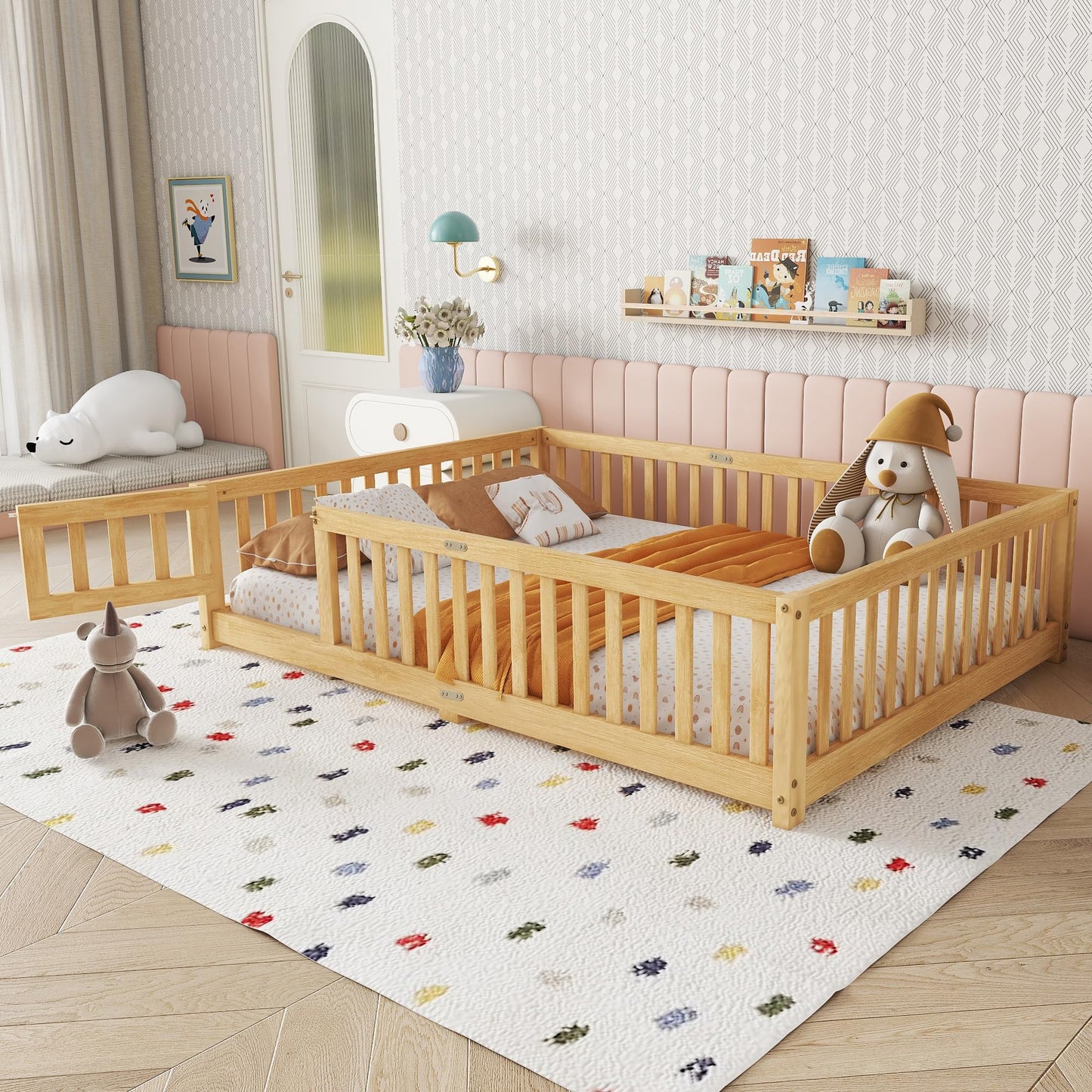Bellemave Full Size Floor Bed with Slats and Safety Guardrail, Full Size Montessori Floor Bed with Fence and Door, Easy Assemble Montessori Beds for Kids, Girls, Boys, White