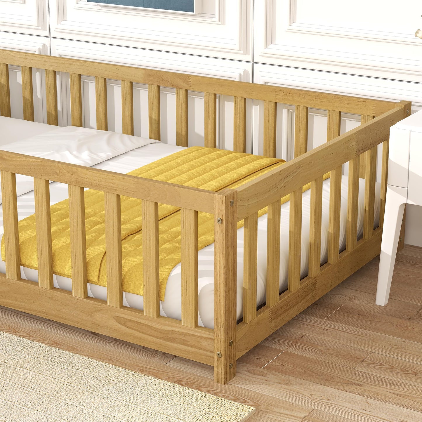 Bellemave Full Size Floor Bed with Slats and Safety Guardrail, Full Size Montessori Floor Bed with Fence and Door, Easy Assemble Montessori Beds for Kids, Girls, Boys, White