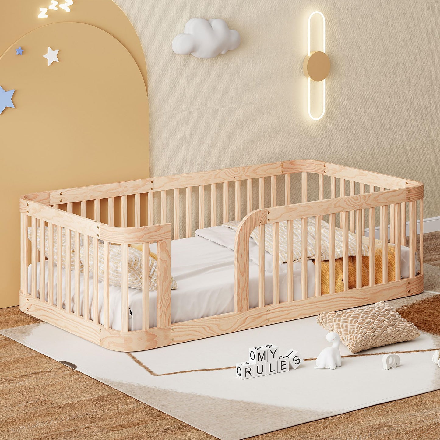 Bellemave Full Size Floor Bed with Slats and Safety Guardrail, Full Size Montessori Floor Bed with Fence and Door, Easy Assemble Montessori Beds for Kids, Girls, Boys, White
