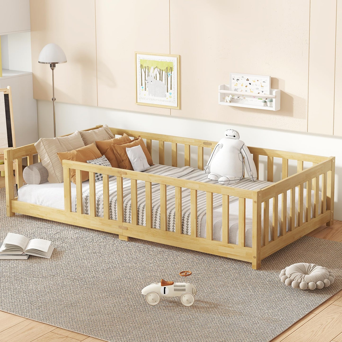 Bellemave Full Size Floor Bed with Slats and Safety Guardrail, Full Size Montessori Floor Bed with Fence and Door, Easy Assemble Montessori Beds for Kids, Girls, Boys, White