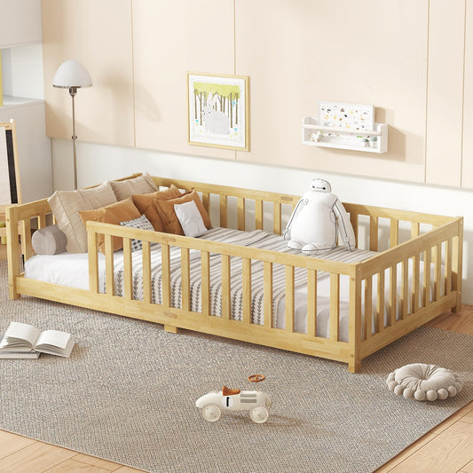Bellemave Full Size Floor Bed with Slats and Safety Guardrail, Full Size Montessori Floor Bed with Fence and Door, Easy Assemble Montessori Beds for Kids, Girls, Boys, White