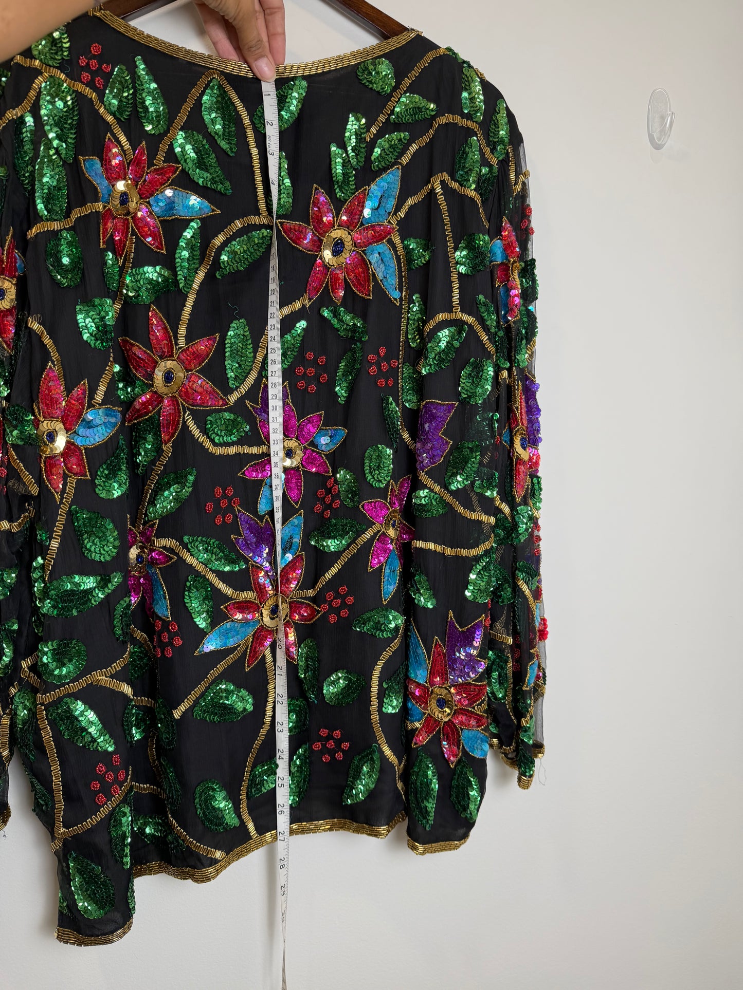Vintage India Silk Sequin Beaded Floral Jacket Top Black 3X Boho Art Wear