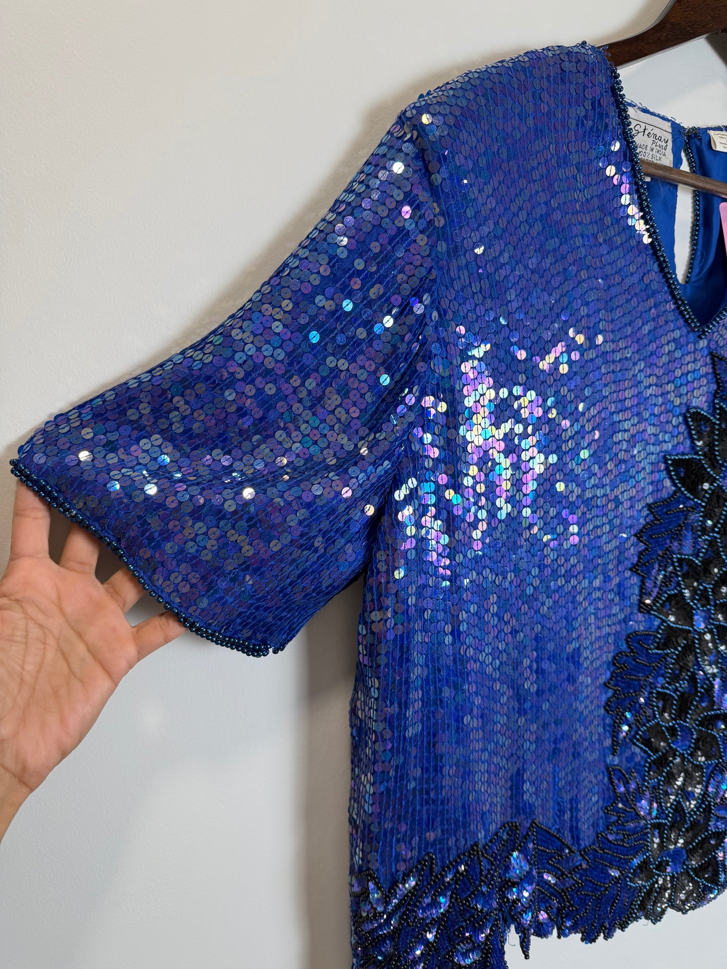 Vintage Stenay Silk Blue Sequin Beaded Floral Evening Top Blouse 2X