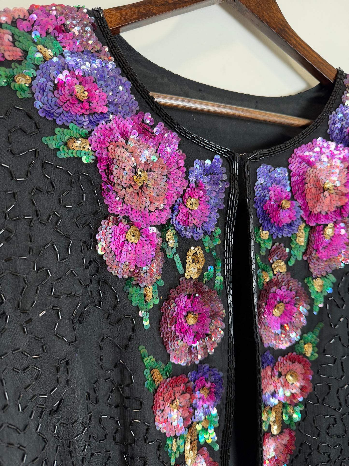 Vintage Floral Sequin Beaded Hook & Eye Jacket Black Evening Party 3X