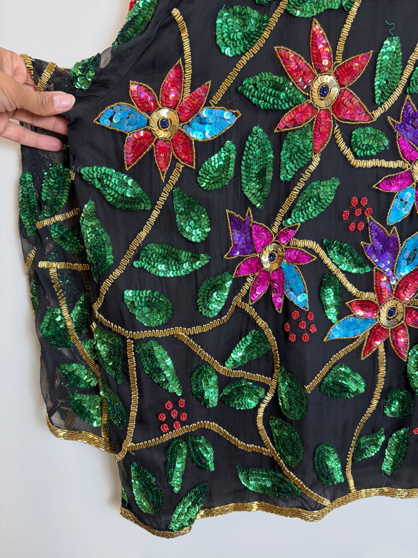 Vintage India Silk Sequin Beaded Floral Jacket Top Black 3X Boho Art Wear