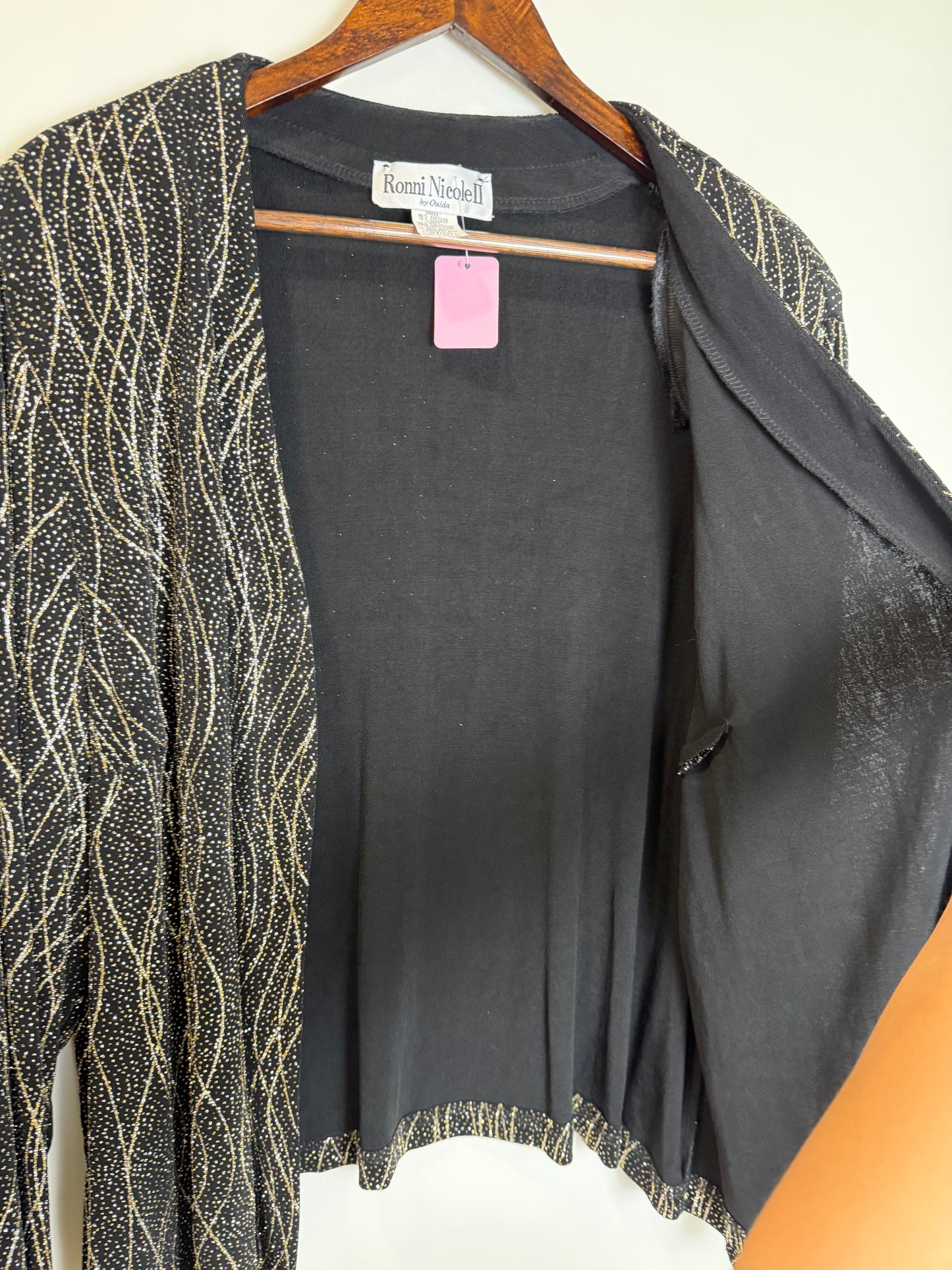 Ronni Nicole Black Gold Glitter Open Front Jacket Cardigan 22W