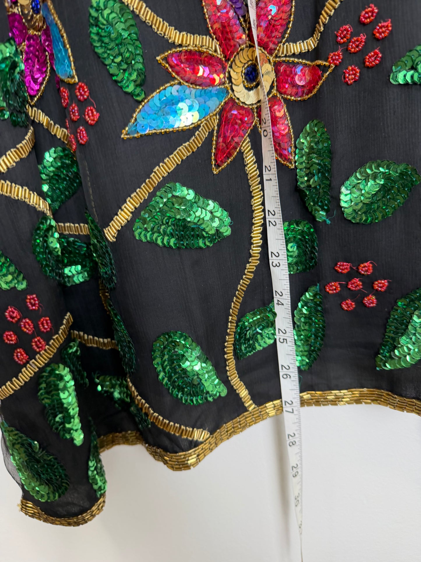 Vintage India Silk Sequin Beaded Floral Jacket Top Black 3X Boho Art Wear