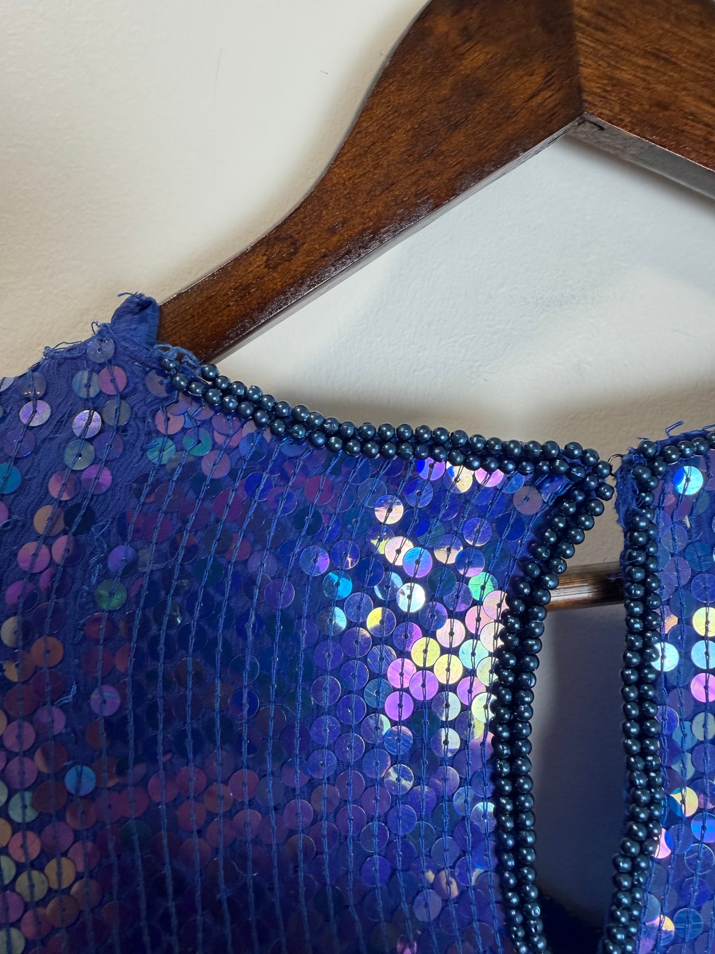Vintage Stenay Silk Blue Sequin Beaded Floral Evening Top Blouse 2X
