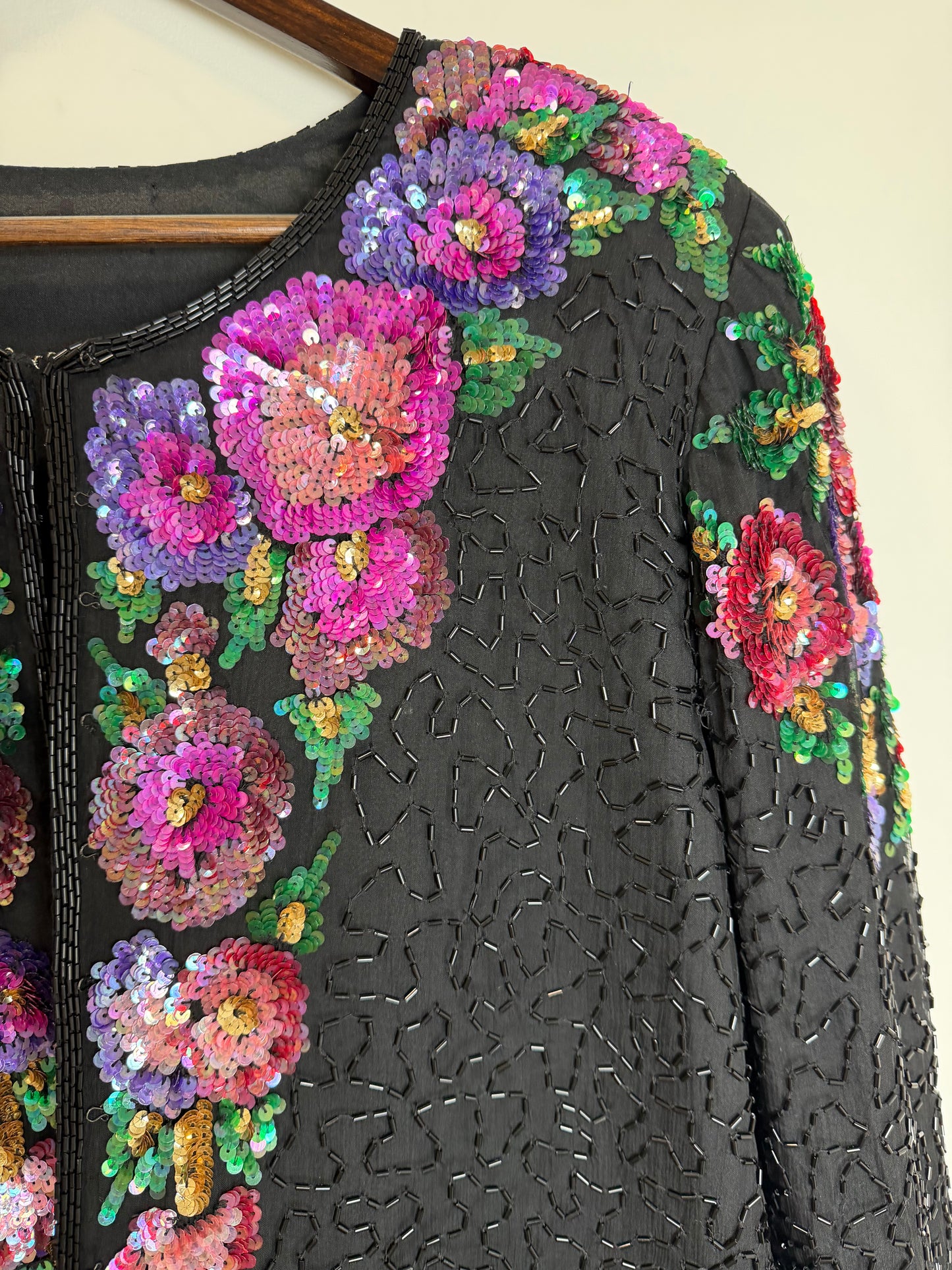 Vintage Floral Sequin Beaded Hook & Eye Jacket Black Evening Party 3X