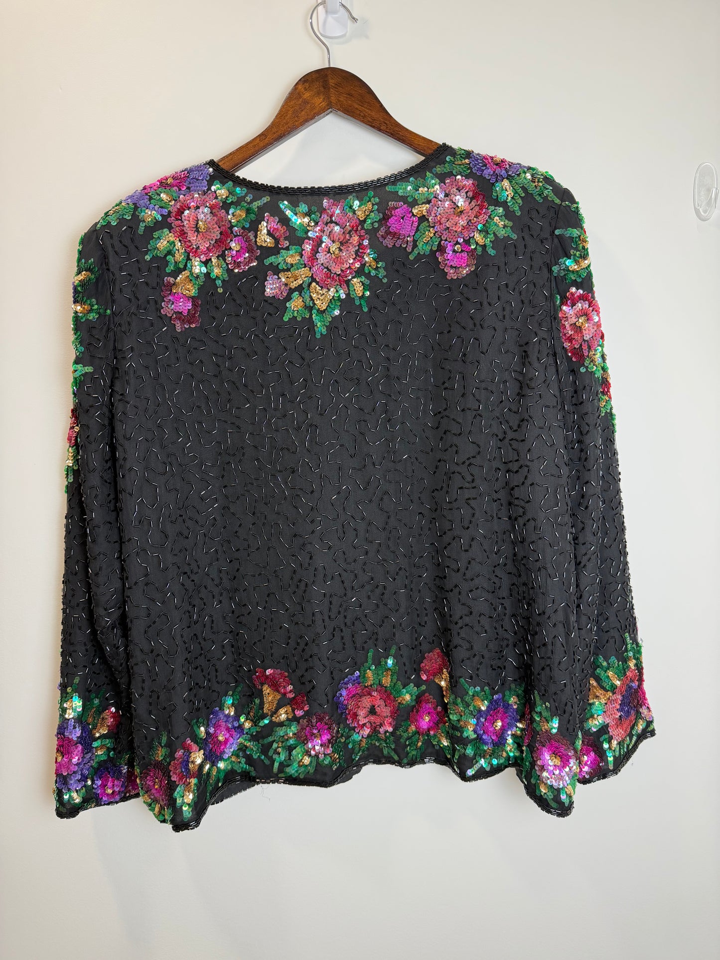 Vintage Floral Sequin Beaded Hook & Eye Jacket Black Evening Party 3X