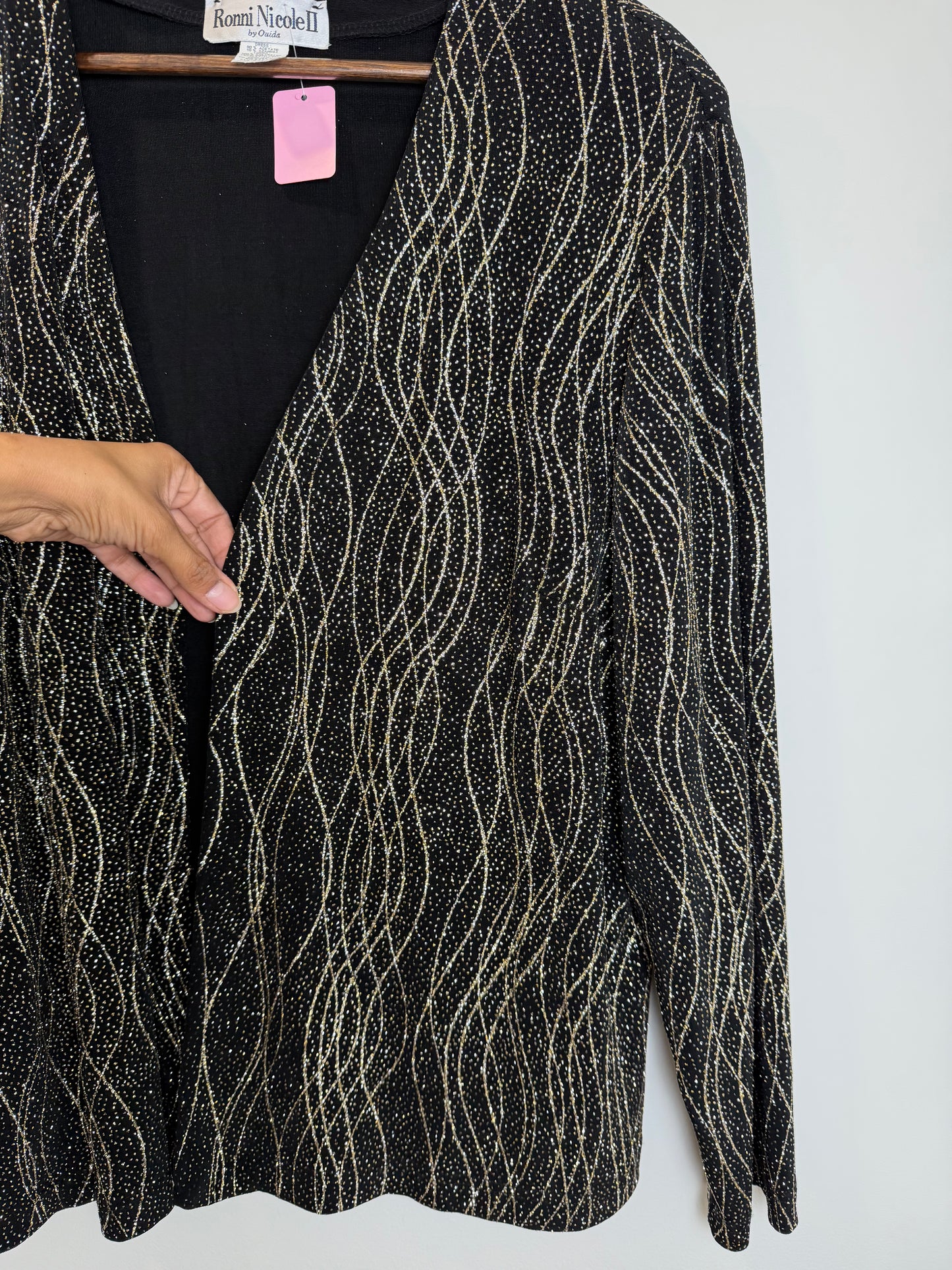 Ronni Nicole Black Gold Glitter Open Front Jacket Cardigan 22W