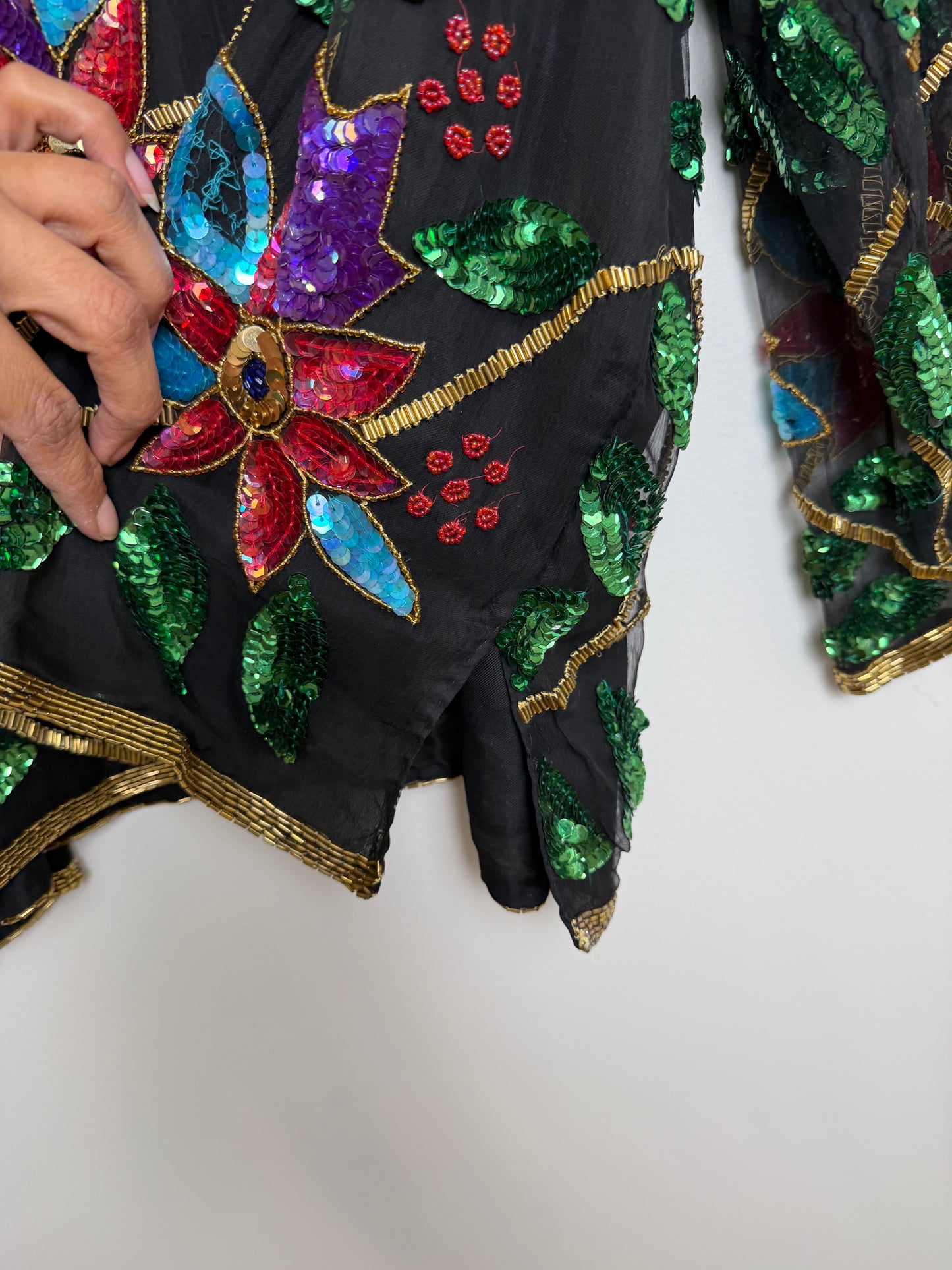 Vintage India Silk Sequin Beaded Floral Jacket Top Black 3X Boho Art Wear