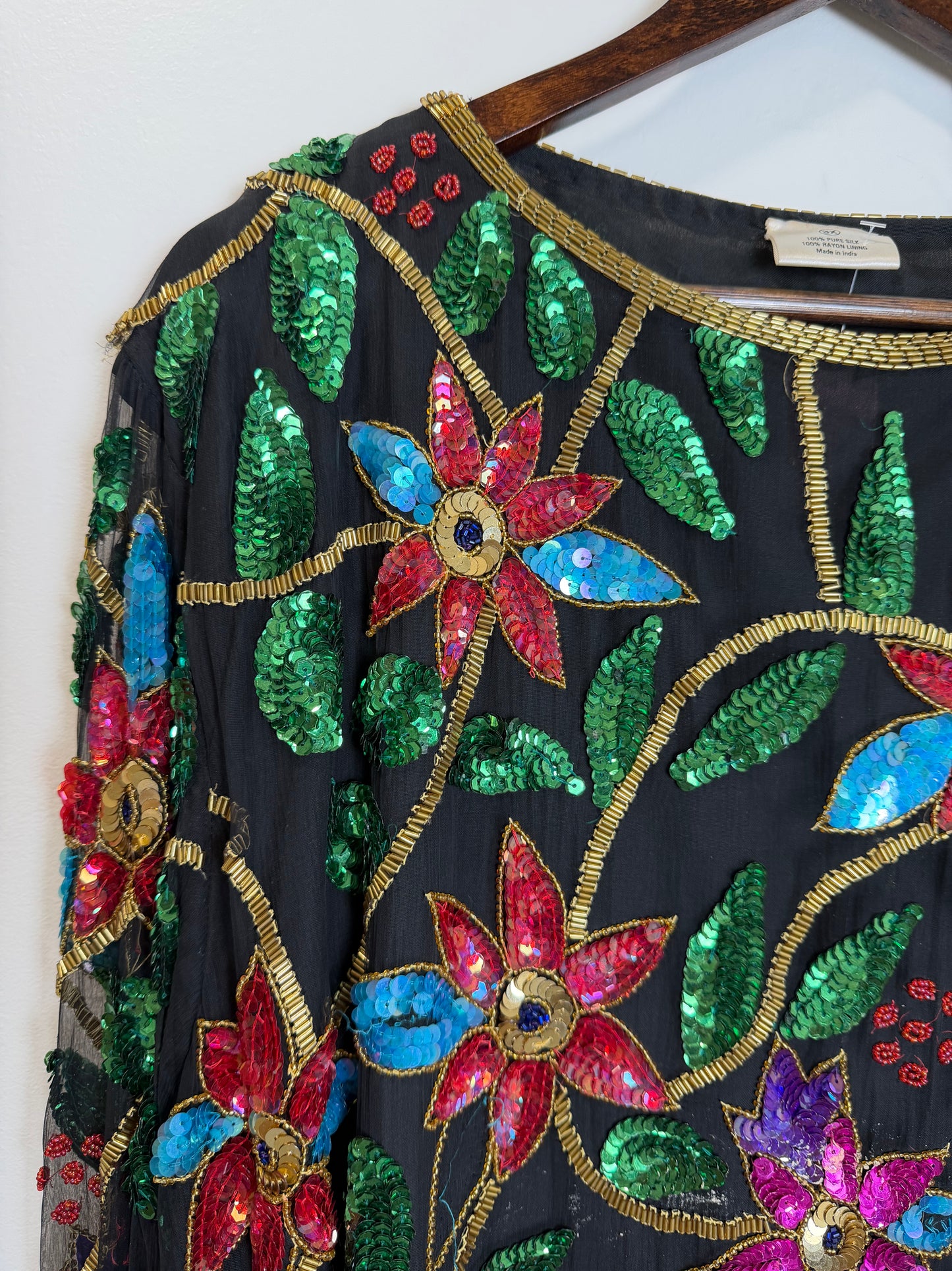 Vintage India Silk Sequin Beaded Floral Jacket Top Black 3X Boho Art Wear