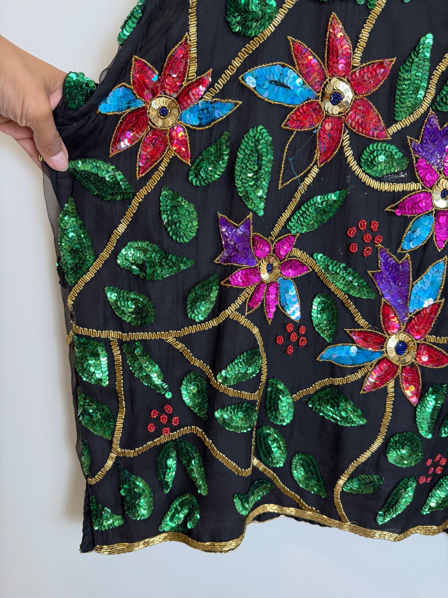 Vintage India Silk Sequin Beaded Floral Jacket Top Black 3X Boho Art Wear
