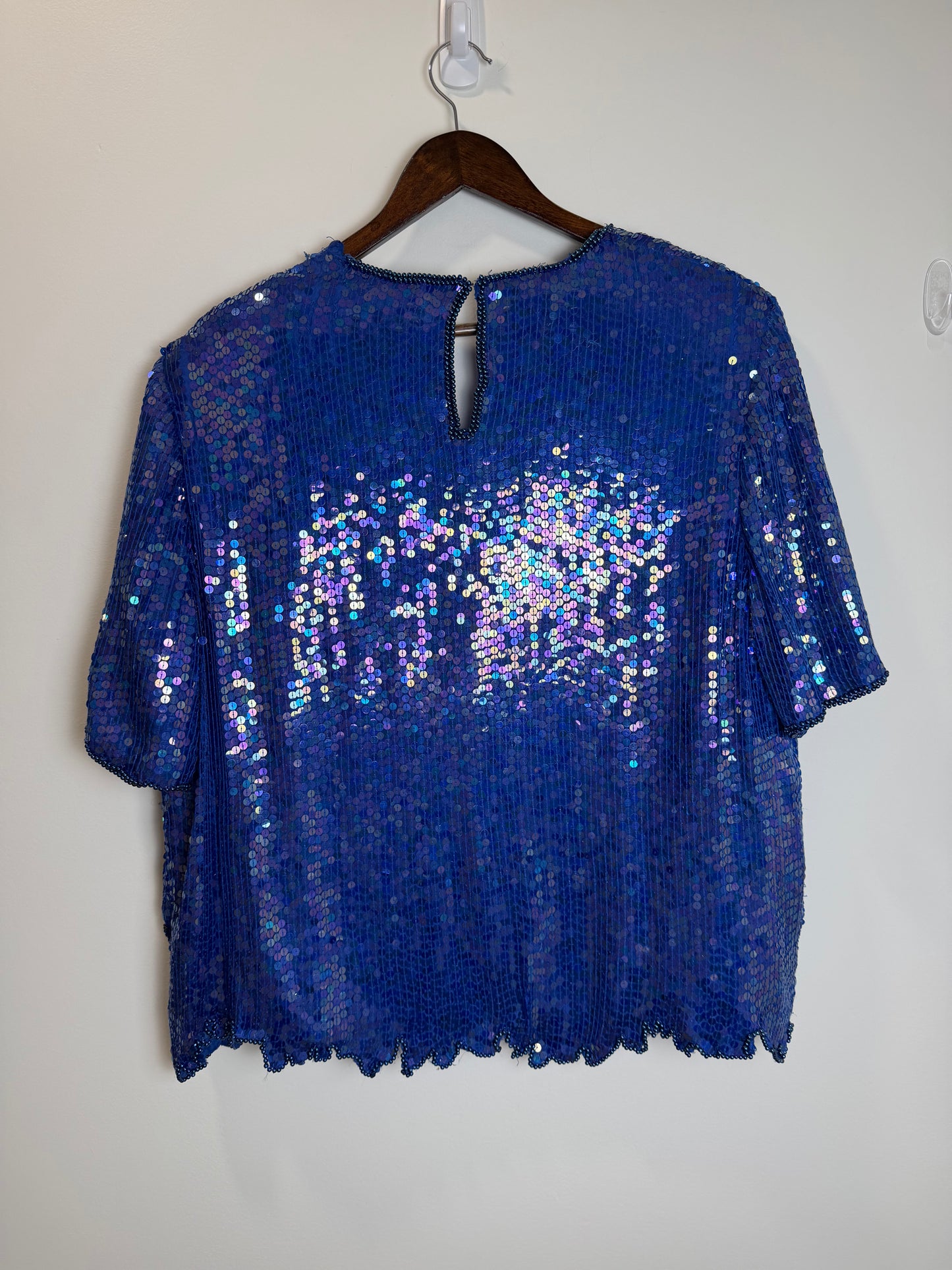 Vintage Stenay Silk Blue Sequin Beaded Floral Evening Top Blouse 2X