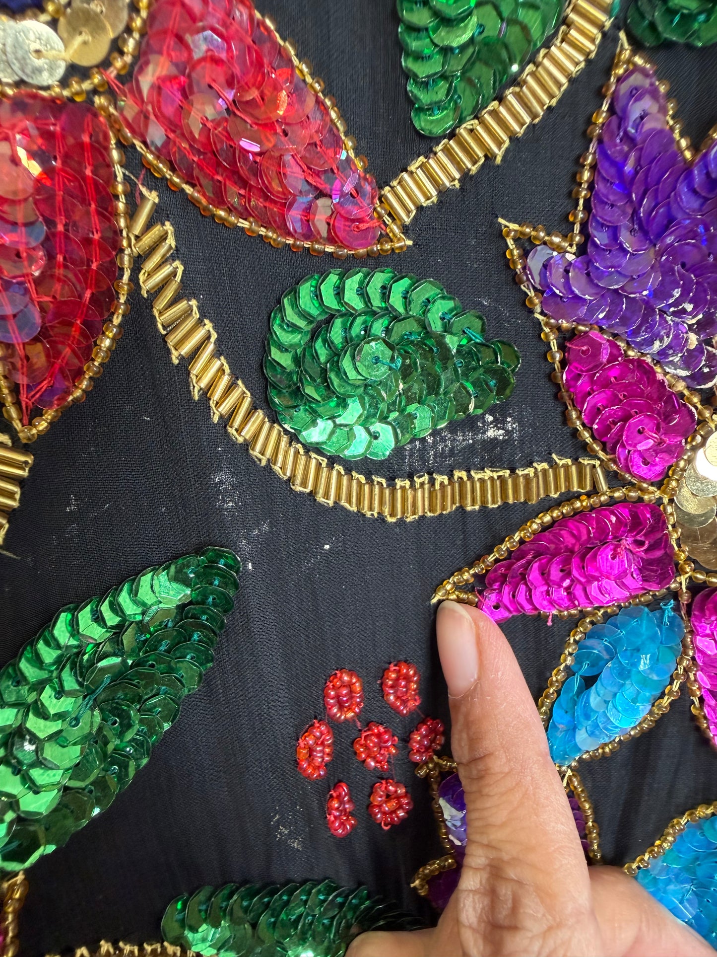 Vintage India Silk Sequin Beaded Floral Jacket Top Black 3X Boho Art Wear