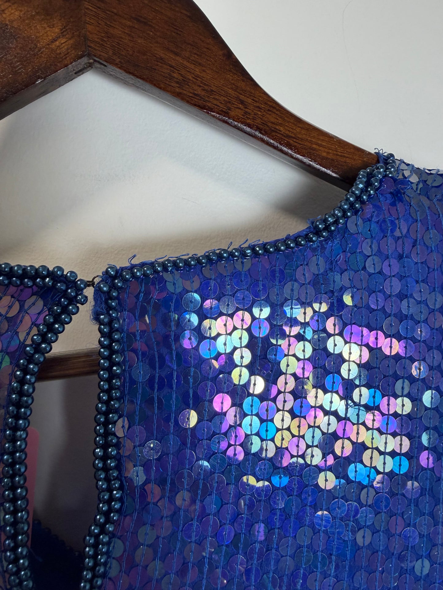 Vintage Stenay Silk Blue Sequin Beaded Floral Evening Top Blouse 2X