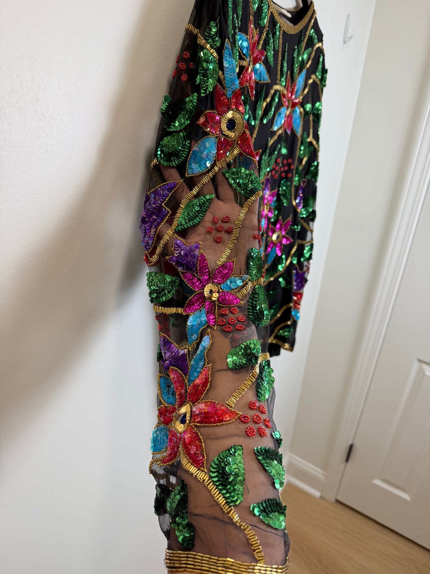 Vintage India Silk Sequin Beaded Floral Jacket Top Black 3X Boho Art Wear