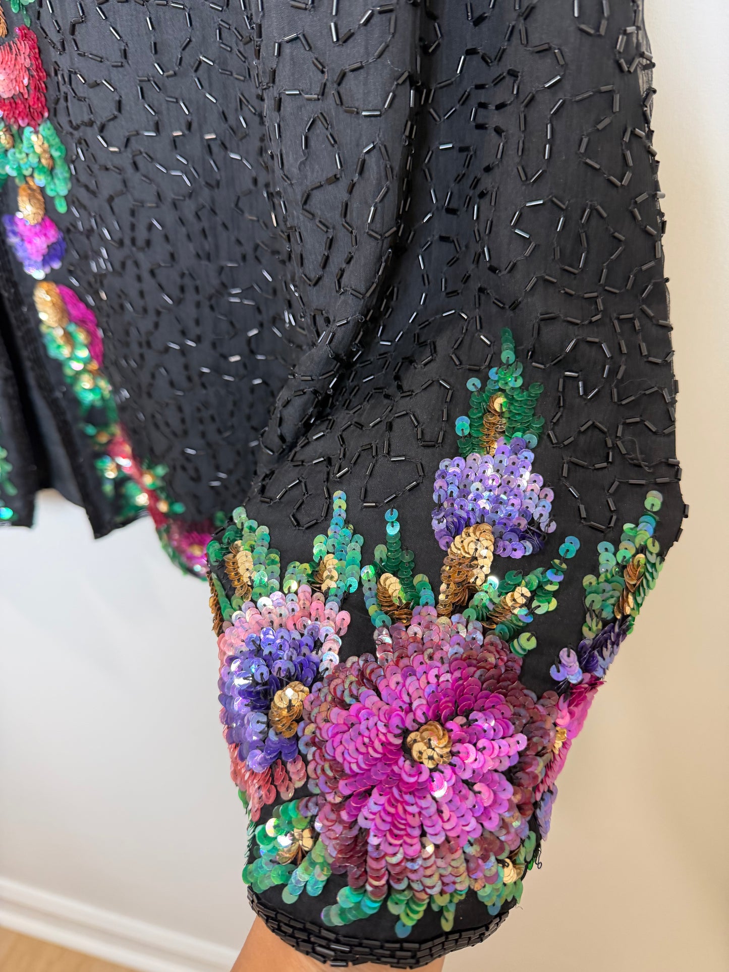 Vintage Floral Sequin Beaded Hook & Eye Jacket Black Evening Party 3X