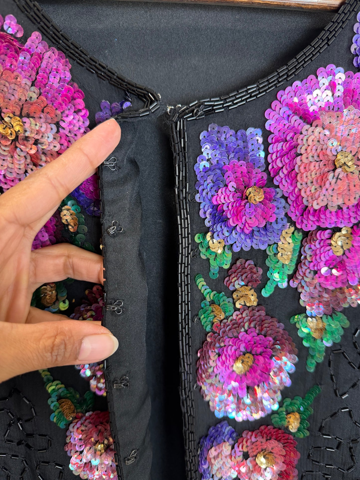 Vintage Floral Sequin Beaded Hook & Eye Jacket Black Evening Party 3X
