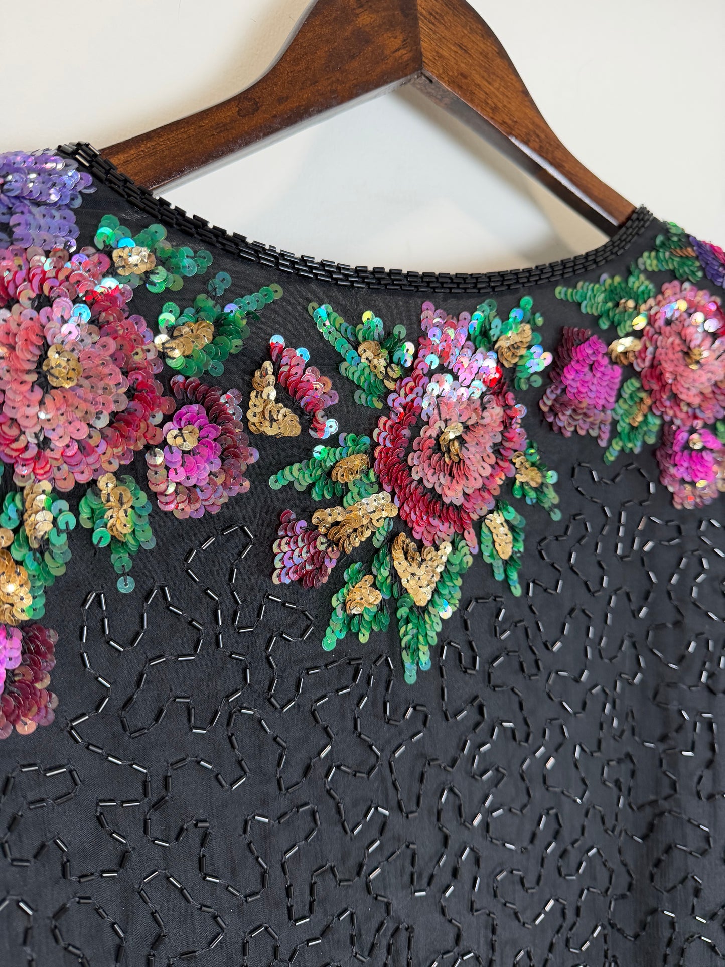Vintage Floral Sequin Beaded Hook & Eye Jacket Black Evening Party 3X