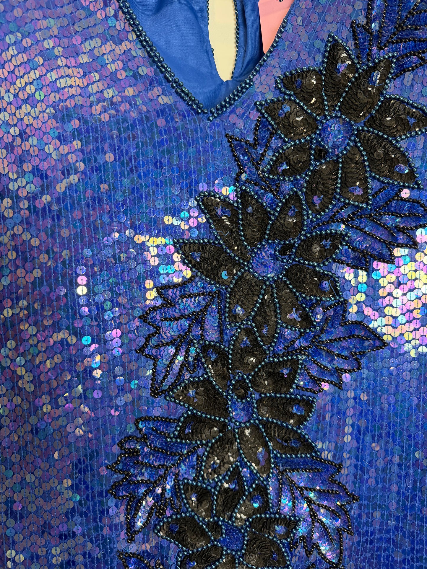 Vintage Stenay Silk Blue Sequin Beaded Floral Evening Top Blouse 2X