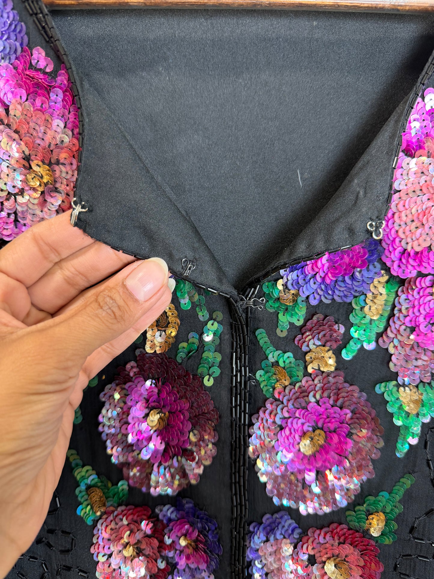 Vintage Floral Sequin Beaded Hook & Eye Jacket Black Evening Party 3X