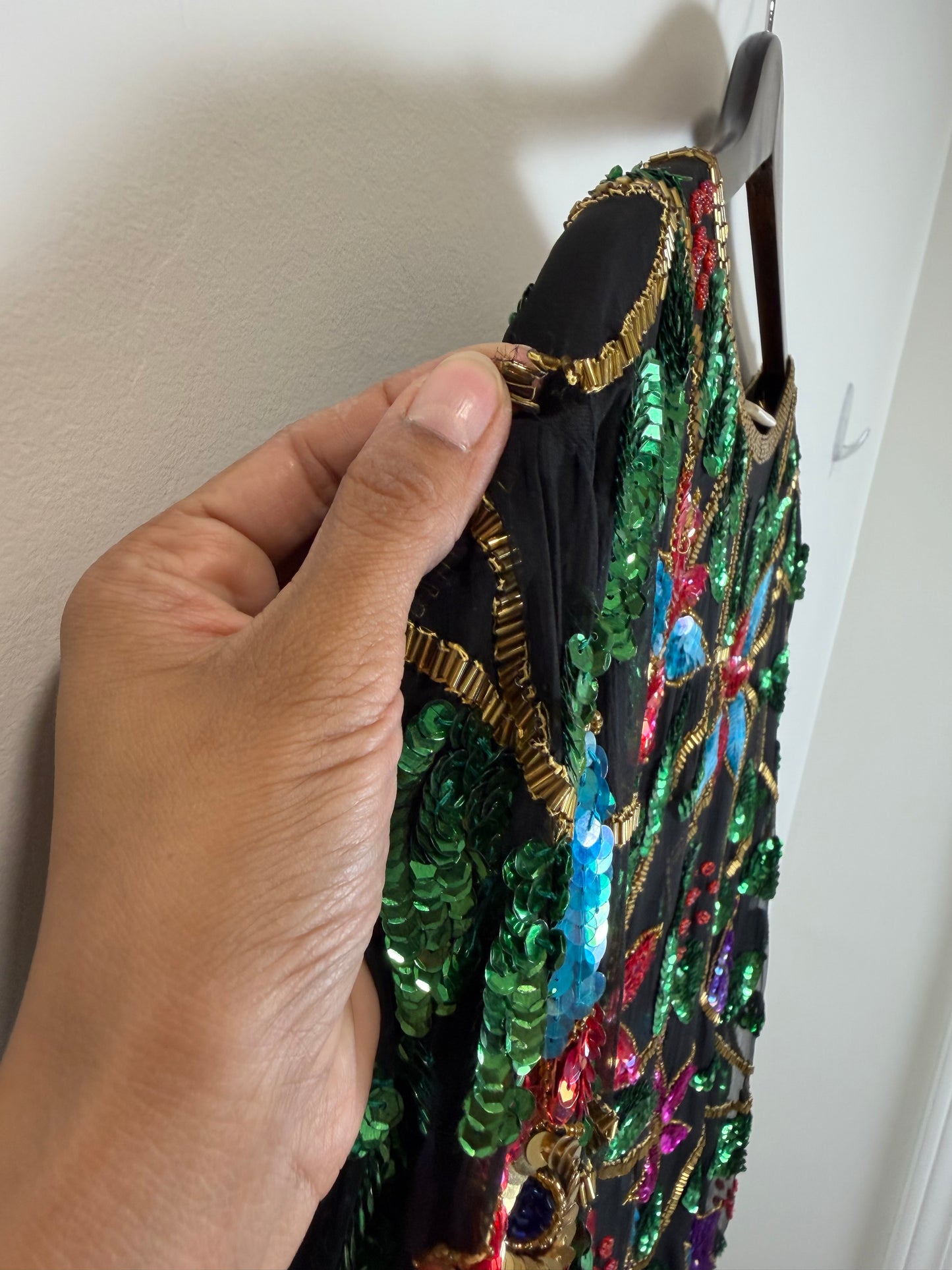 Vintage India Silk Sequin Beaded Floral Jacket Top Black 3X Boho Art Wear