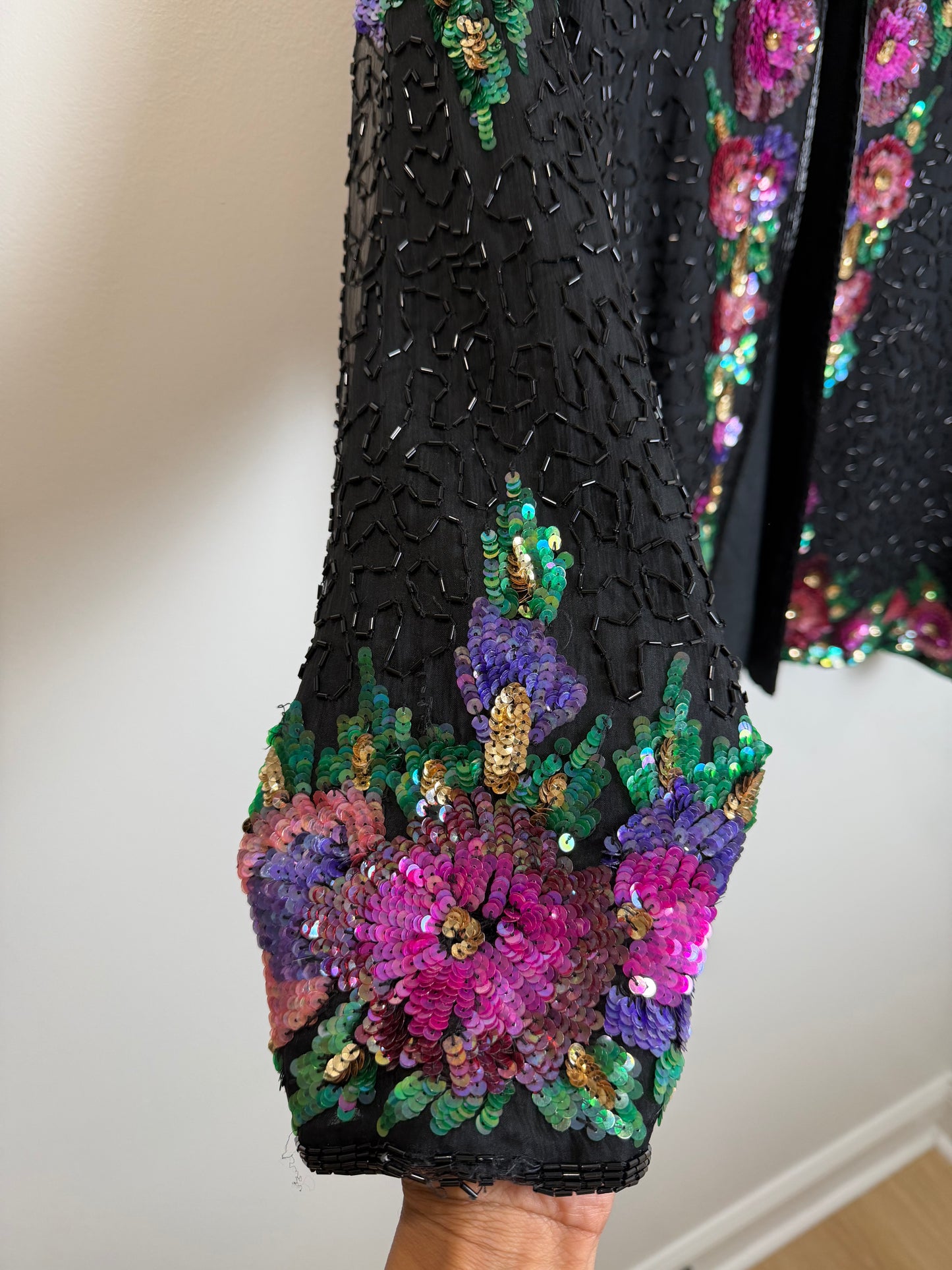 Vintage Floral Sequin Beaded Hook & Eye Jacket Black Evening Party 3X