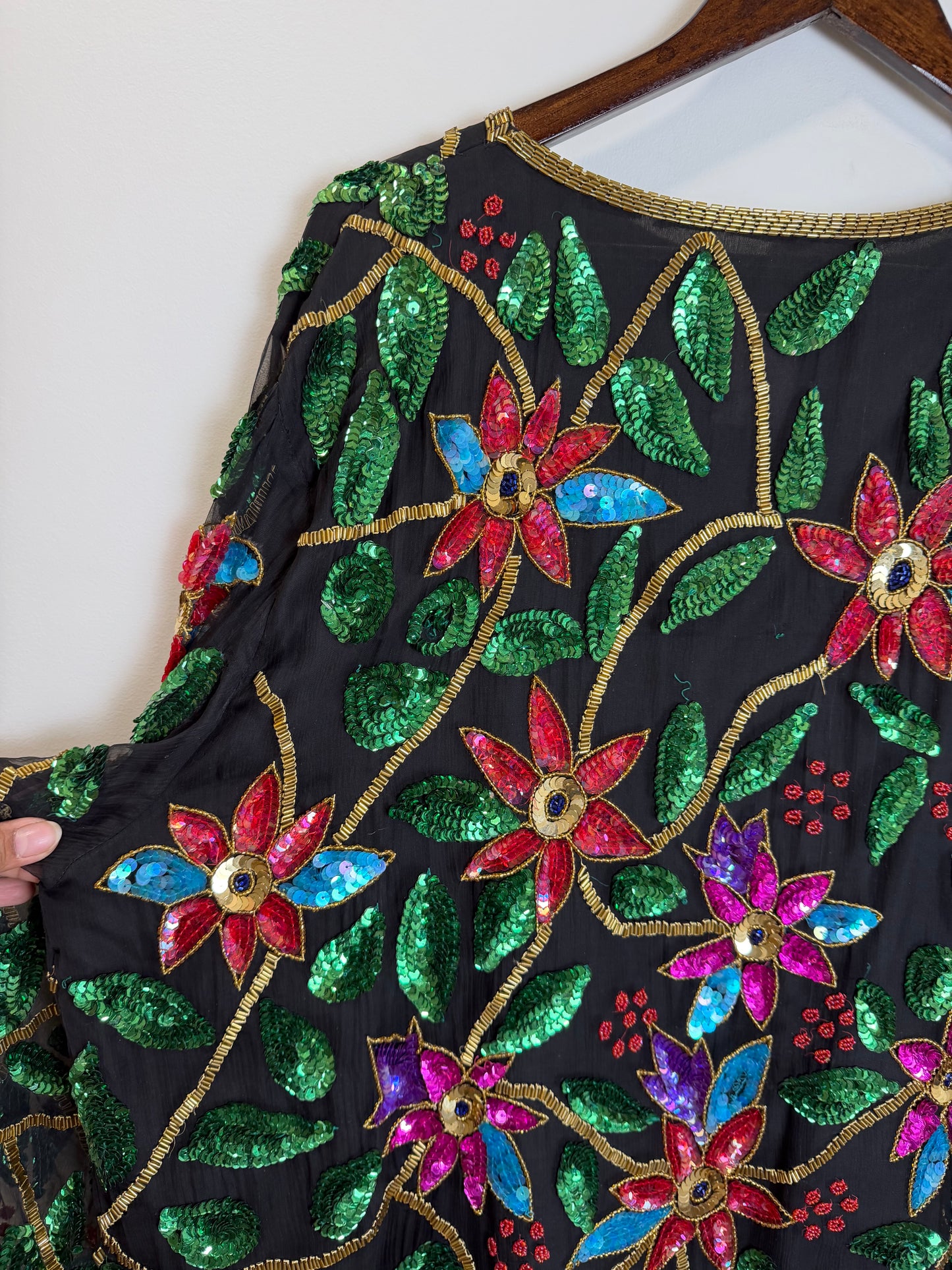 Vintage India Silk Sequin Beaded Floral Jacket Top Black 3X Boho Art Wear