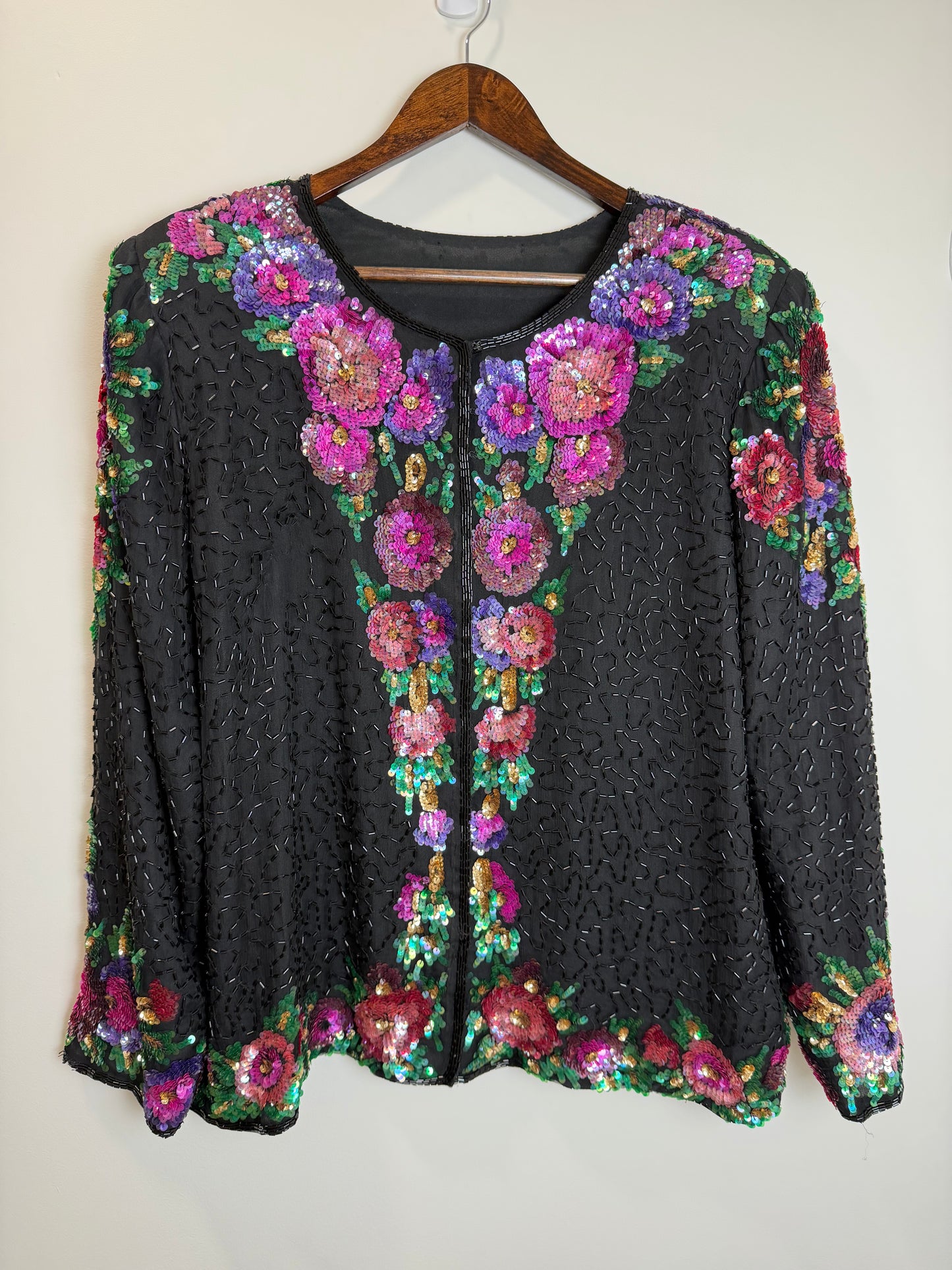 Vintage Floral Sequin Beaded Hook & Eye Jacket Black Evening Party 3X