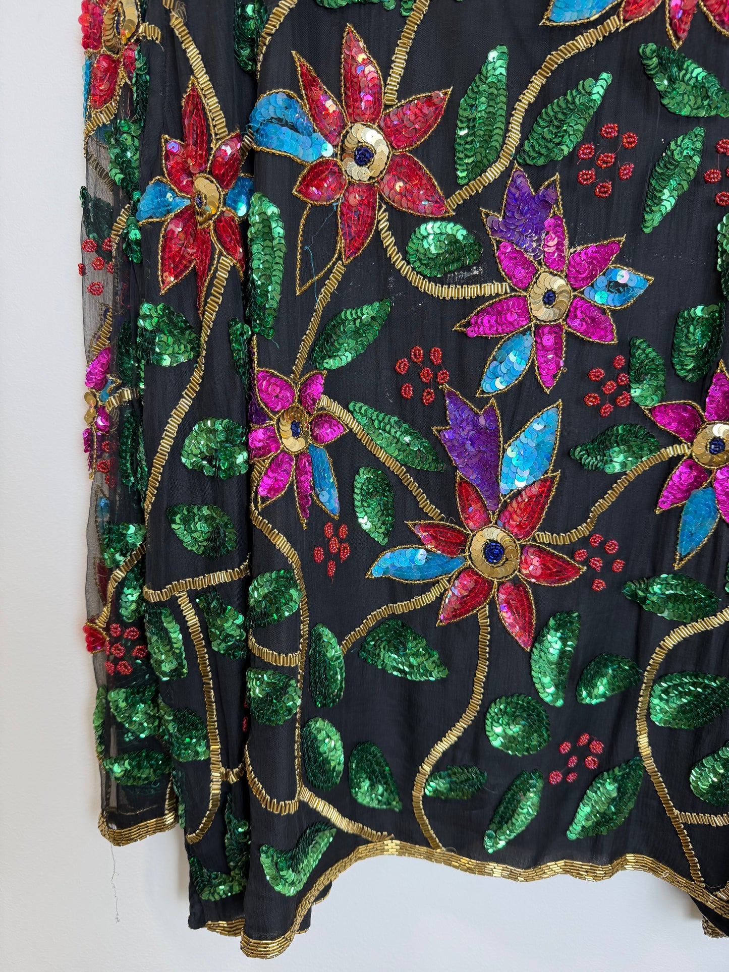 Vintage India Silk Sequin Beaded Floral Jacket Top Black 3X Boho Art Wear