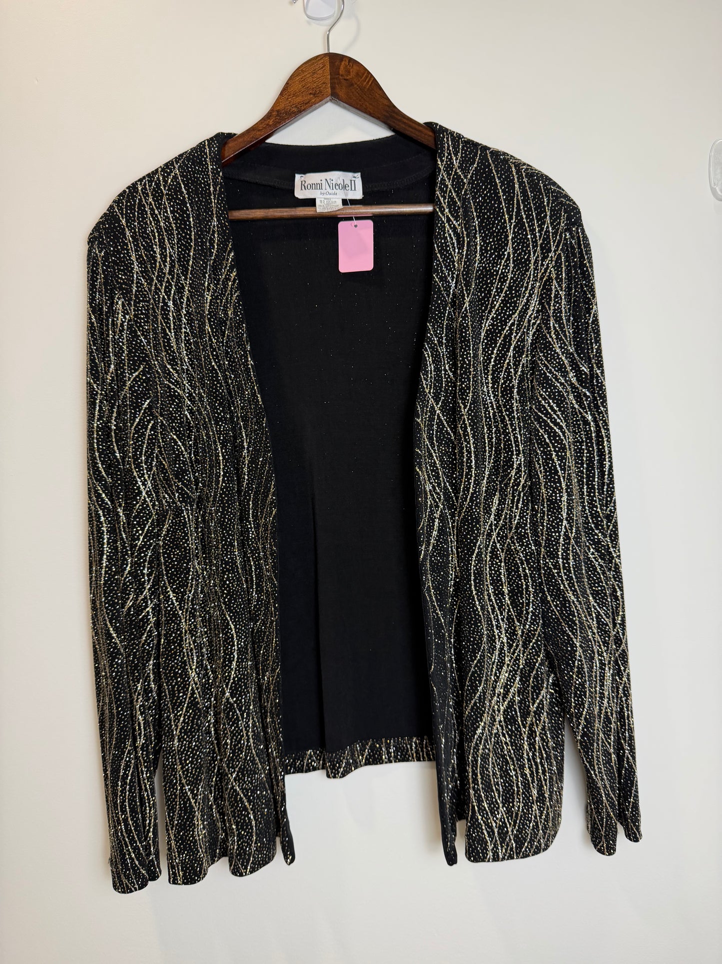 Ronni Nicole Black Gold Glitter Open Front Jacket Cardigan 22W