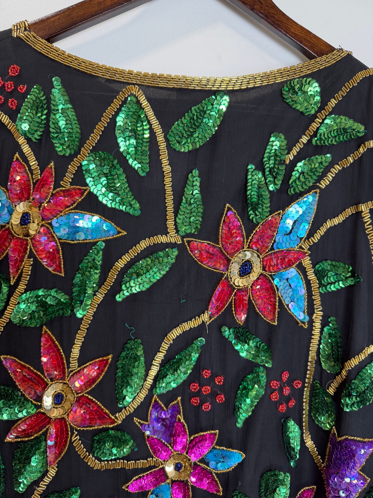 Vintage India Silk Sequin Beaded Floral Jacket Top Black 3X Boho Art Wear