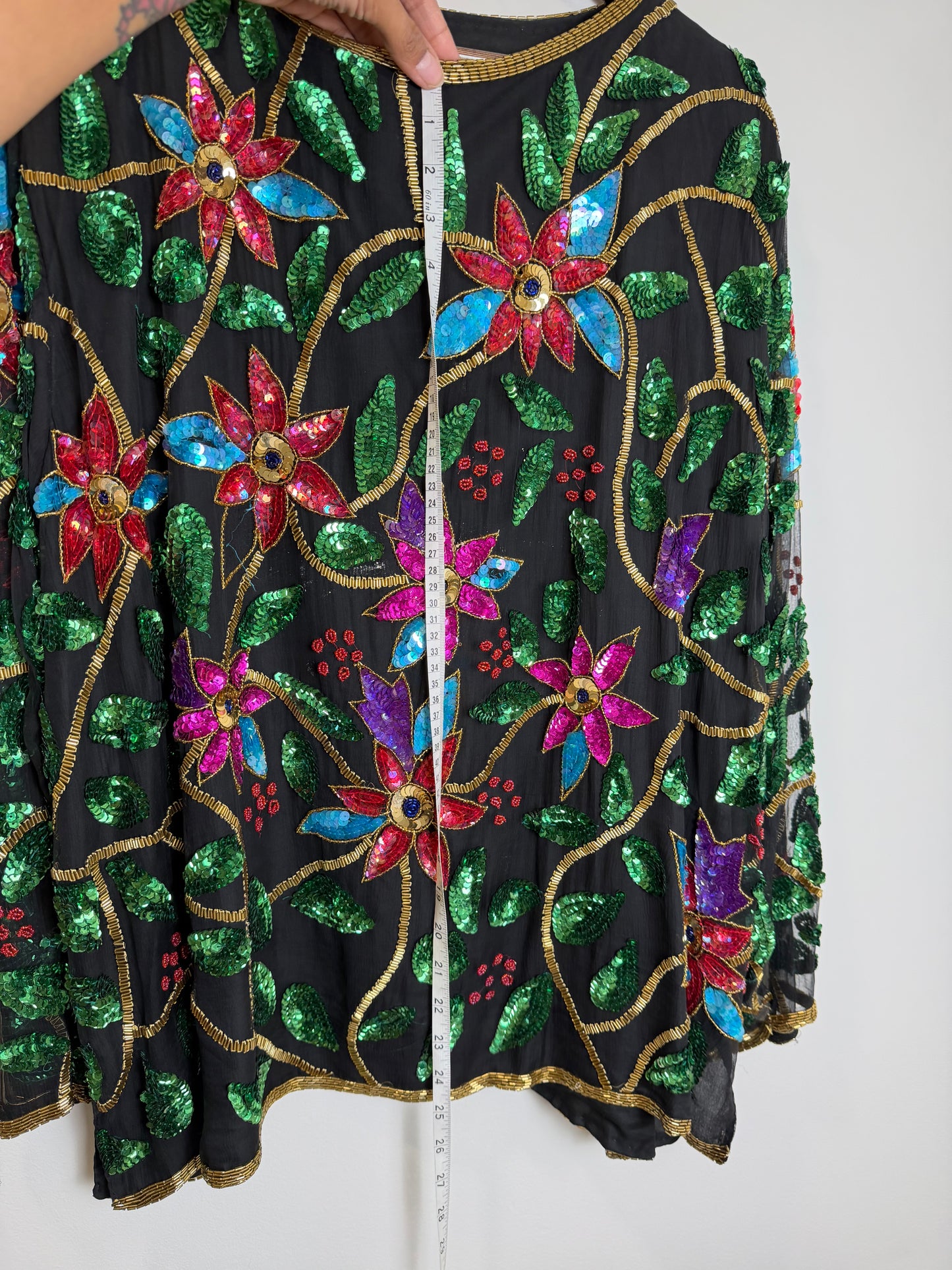 Vintage India Silk Sequin Beaded Floral Jacket Top Black 3X Boho Art Wear