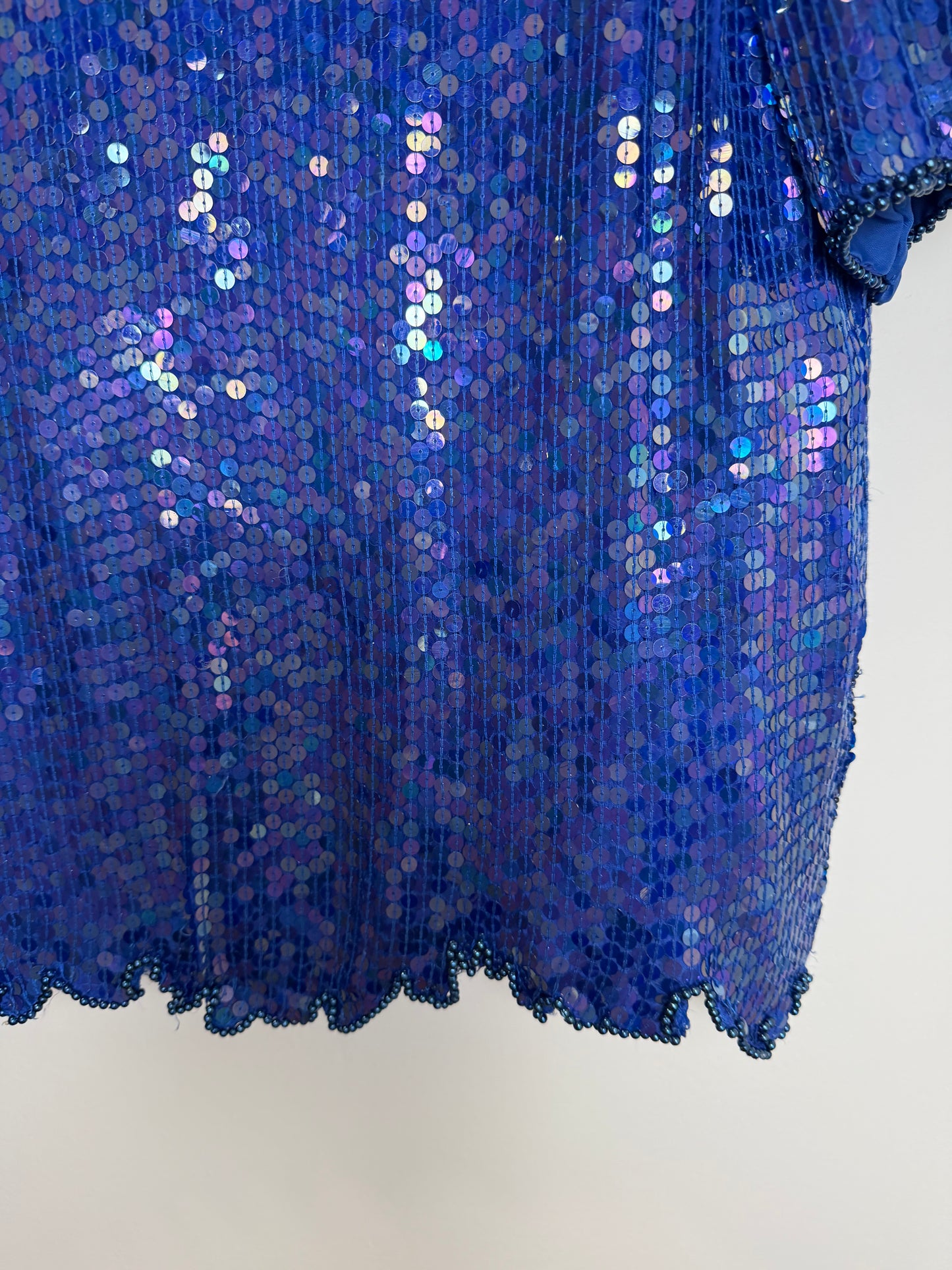 Vintage Stenay Silk Blue Sequin Beaded Floral Evening Top Blouse 2X