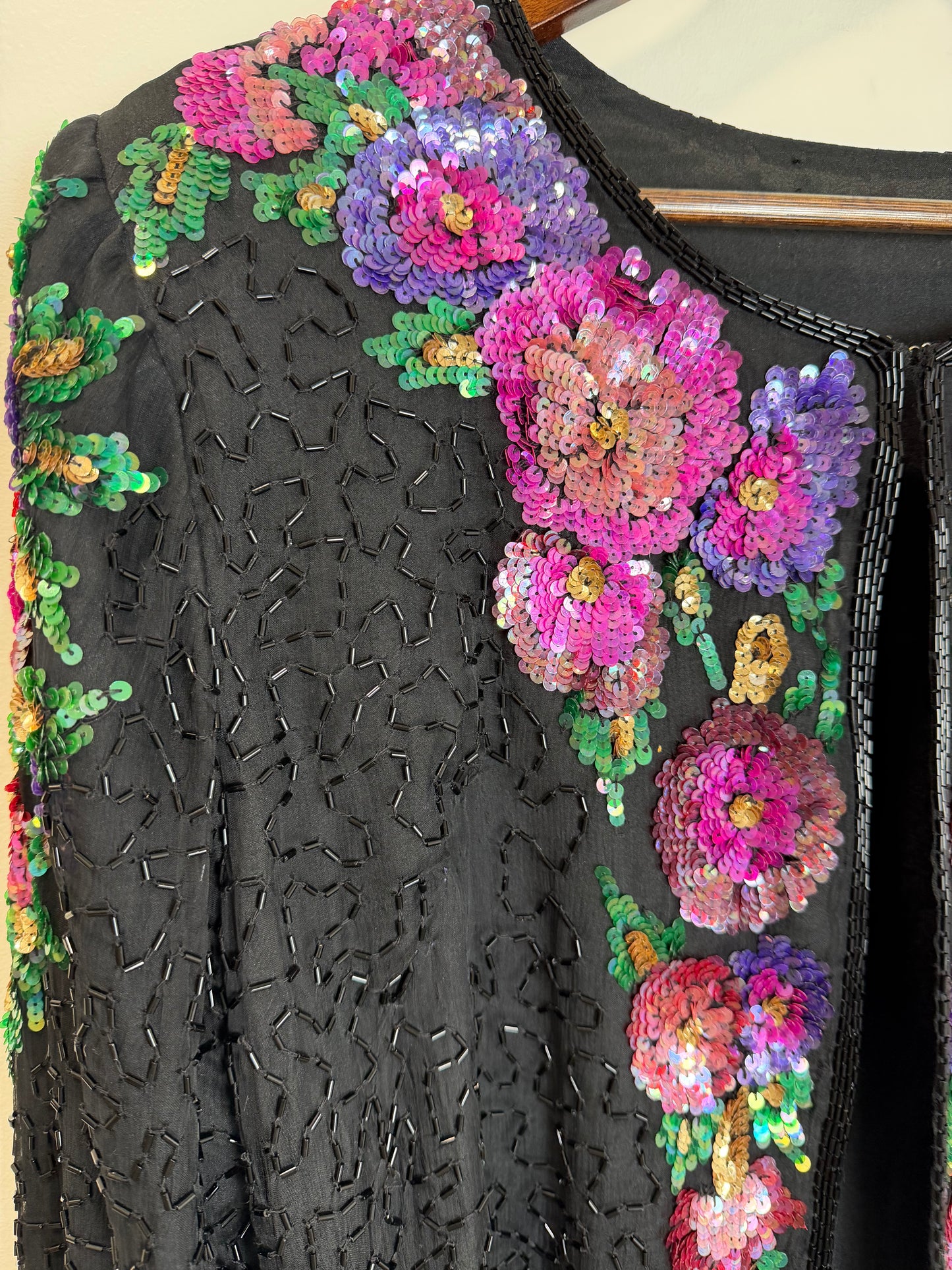 Vintage Floral Sequin Beaded Hook & Eye Jacket Black Evening Party 3X